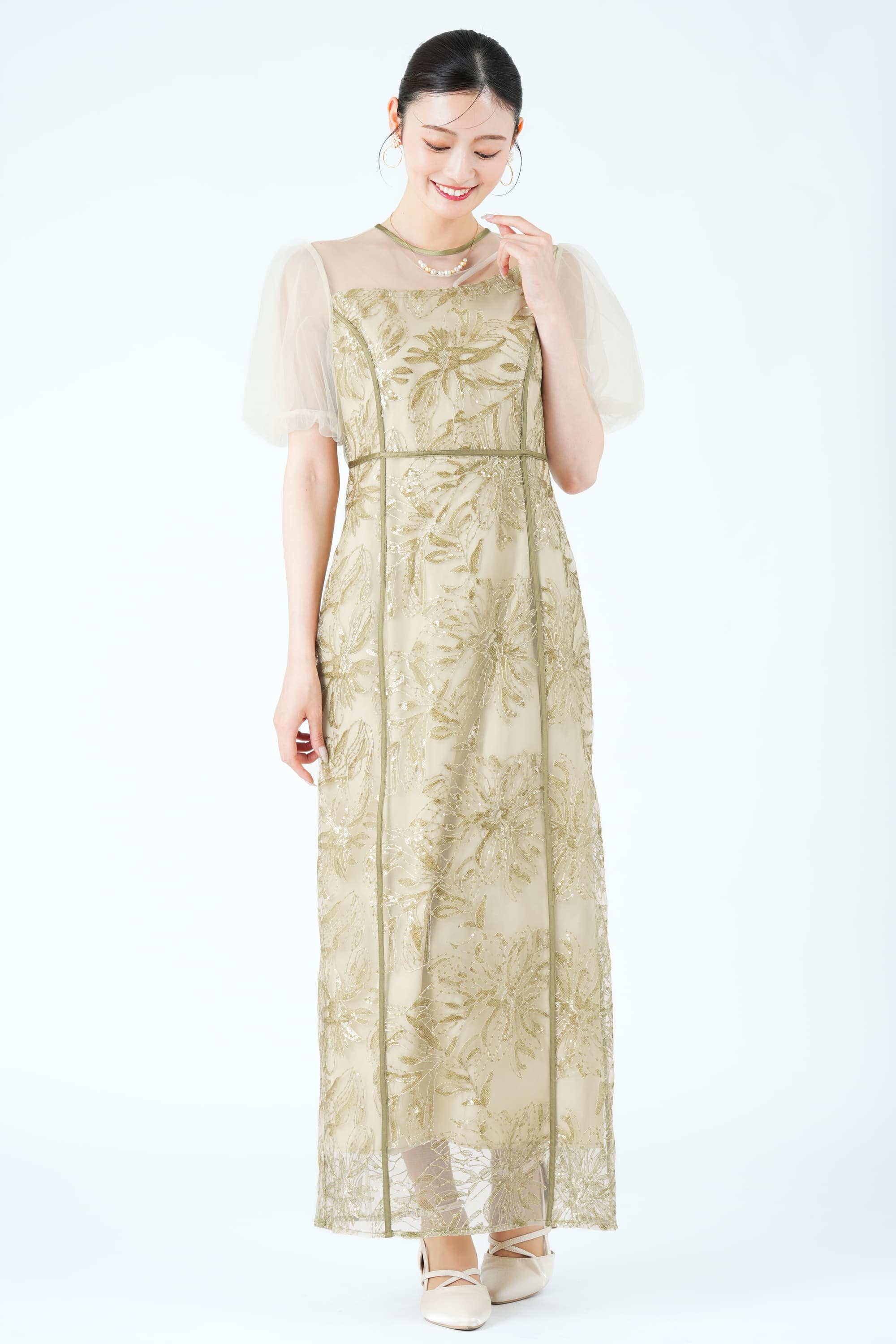 LEJA アシンメトリーカット花刺繍グリーンドレス (M) をレンタル