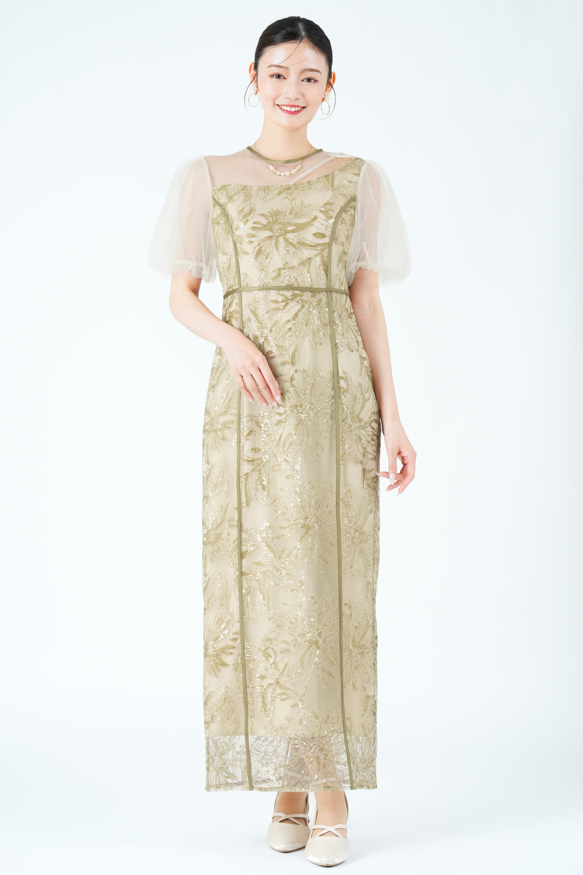 LEJA アシンメトリーカット花刺繍グリーンドレス (M) をレンタル