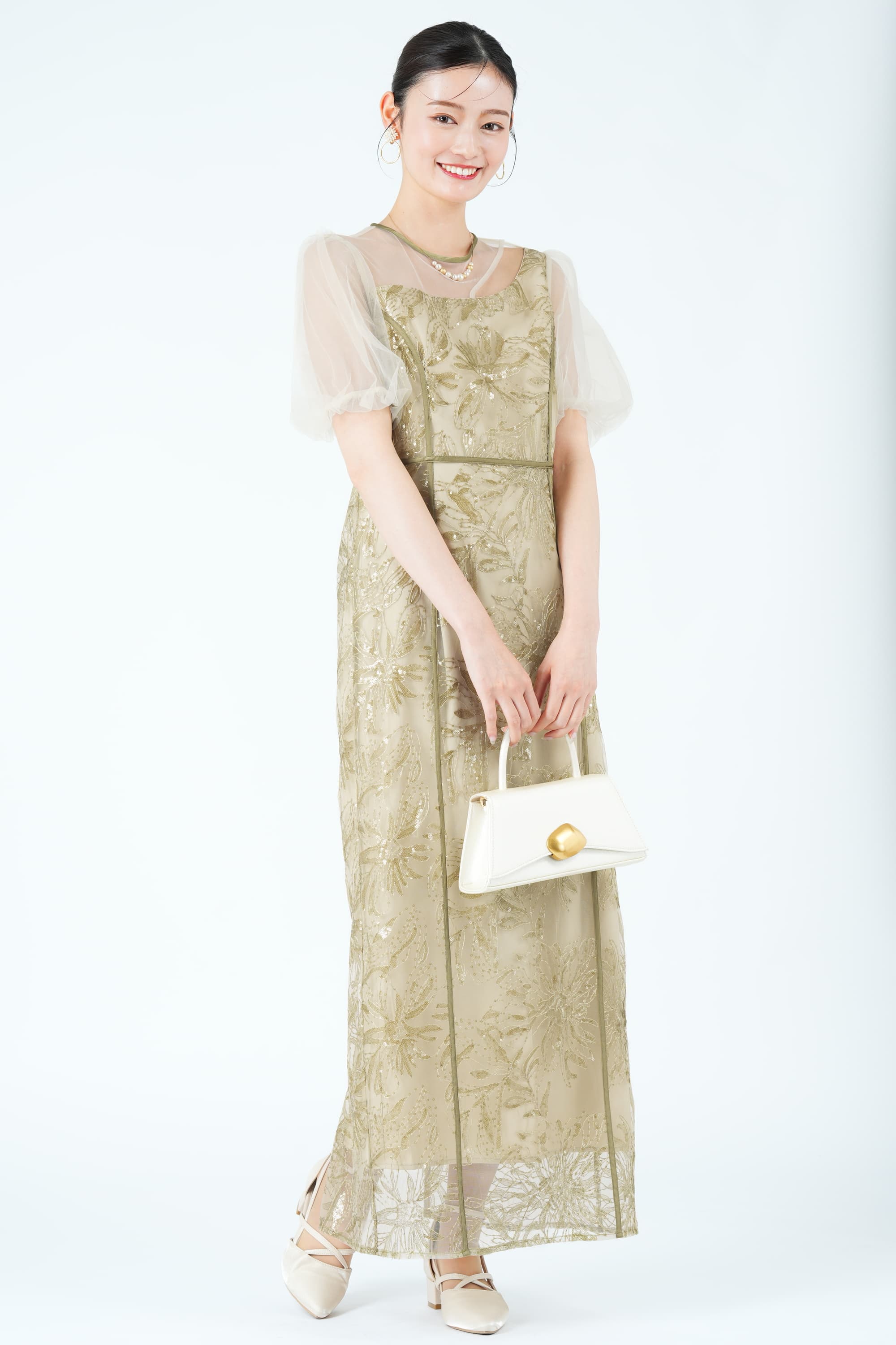 LEJA アシンメトリーカット花刺繍グリーンドレス (M) をレンタル