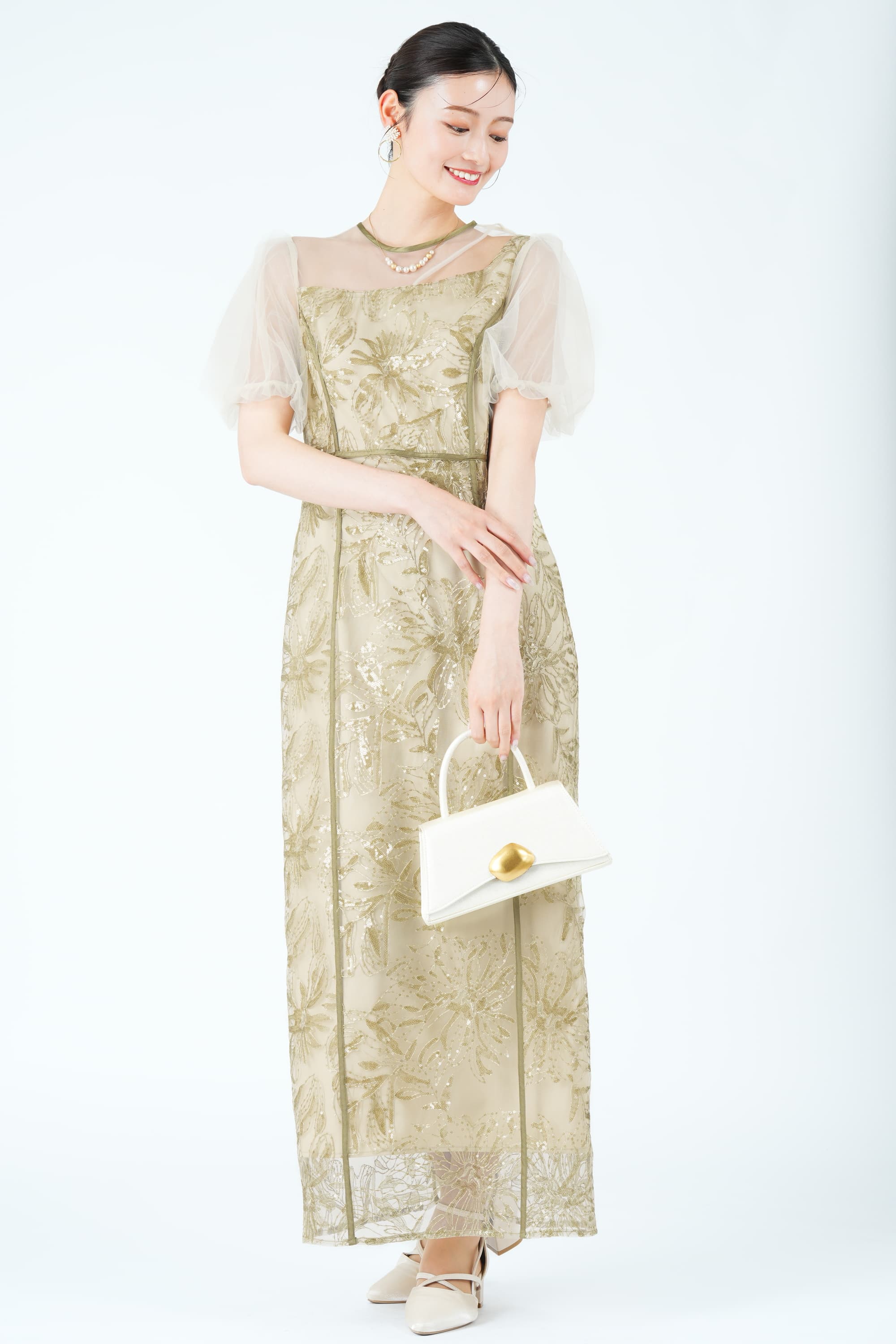 LEJA アシンメトリーカット花刺繍グリーンドレス (M) をレンタル