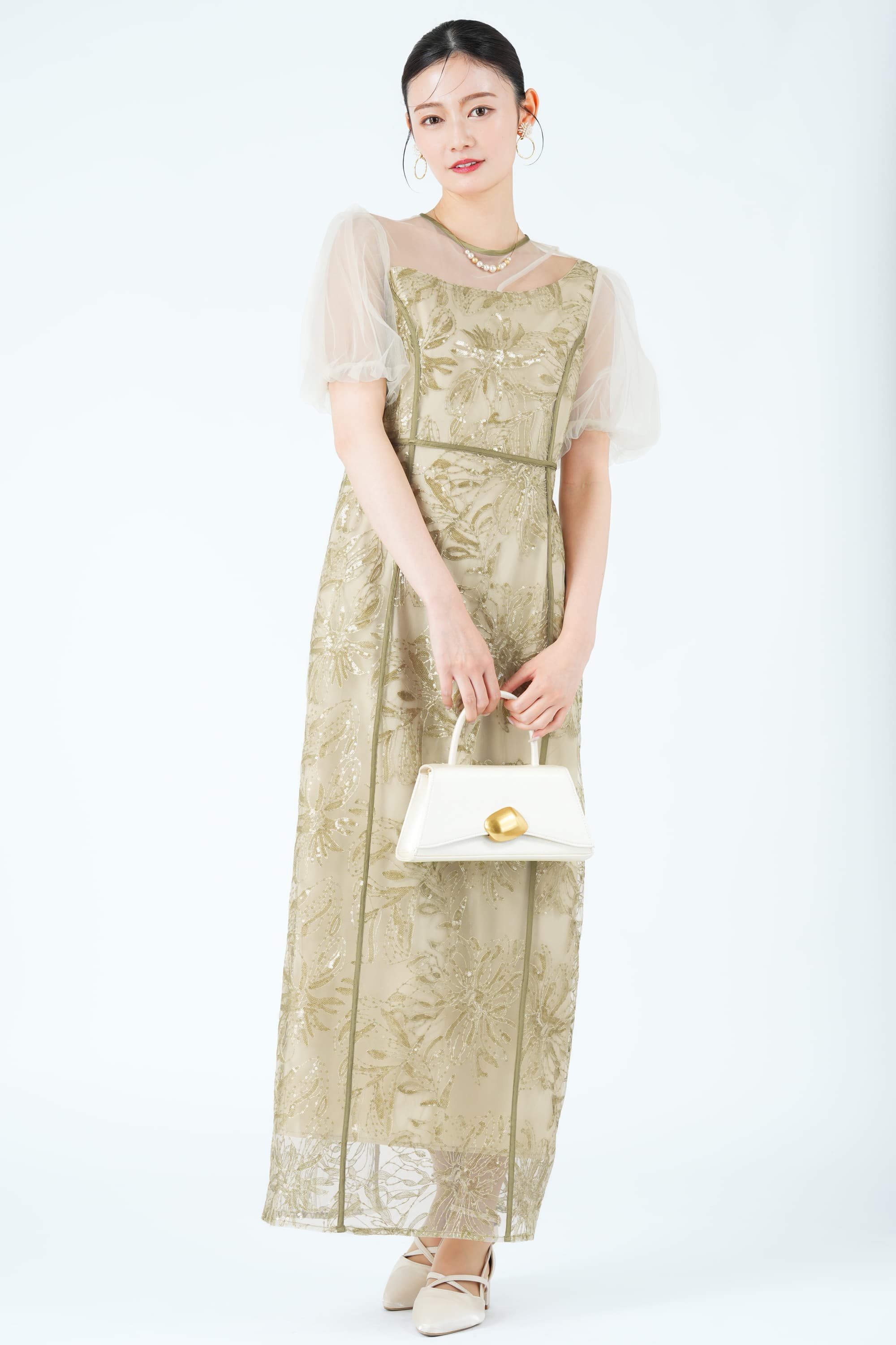 アシンメトリーカット花刺繍グリーンドレス