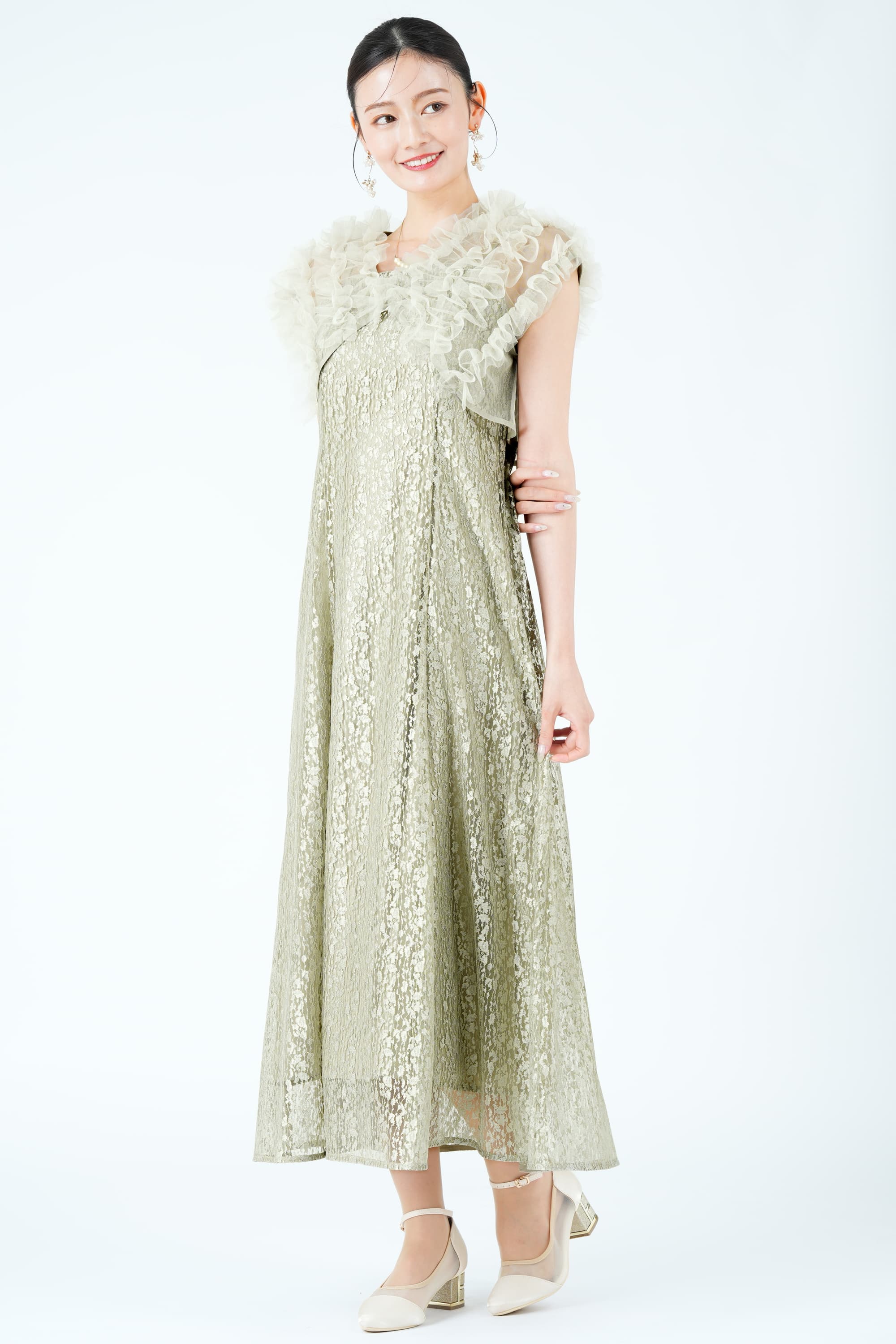 ふんわりフリルボレロ付きグリーンドレス