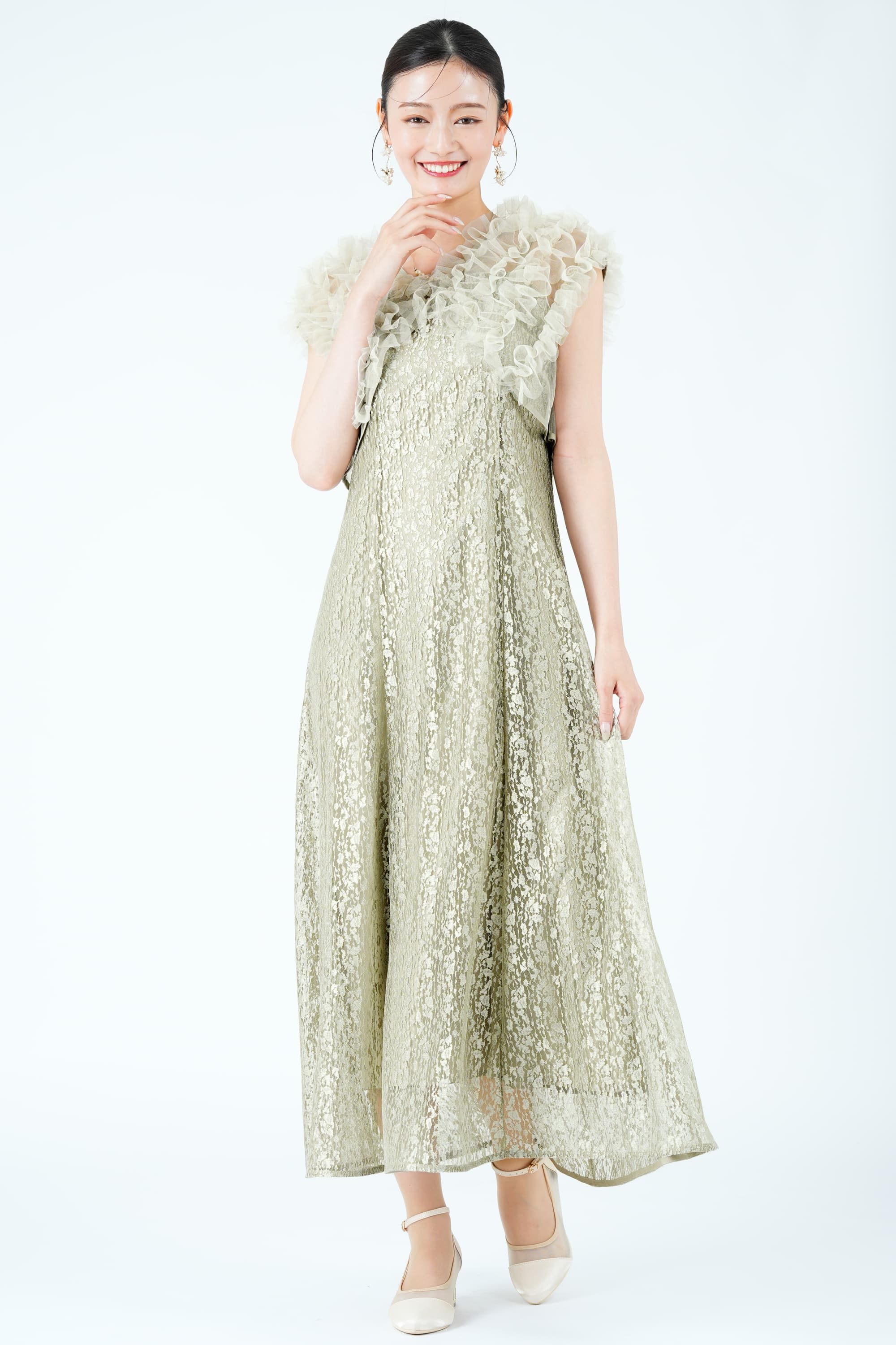 ふんわりフリルボレロ付きグリーンドレス