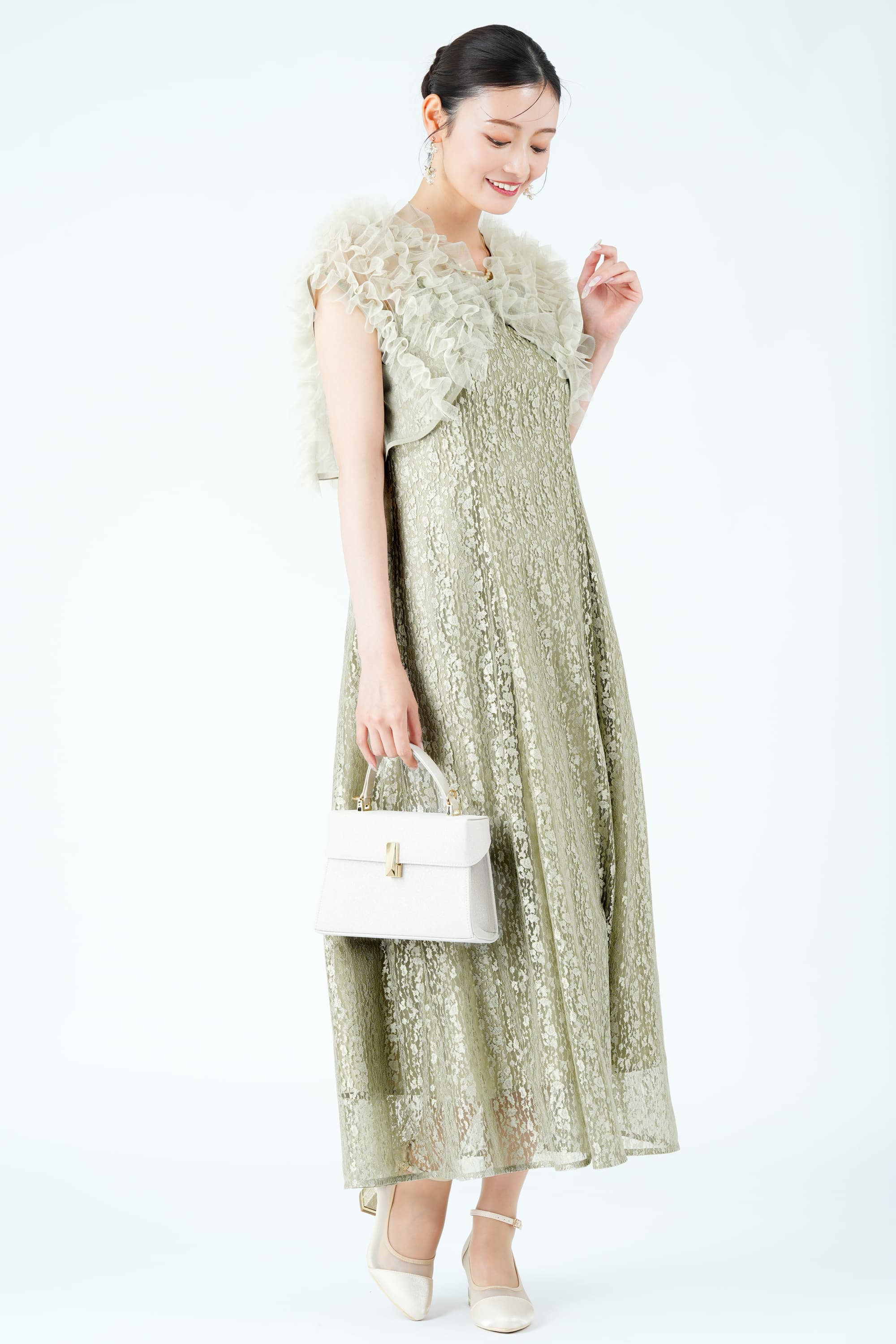 ふんわりフリルボレロ付きグリーンドレス