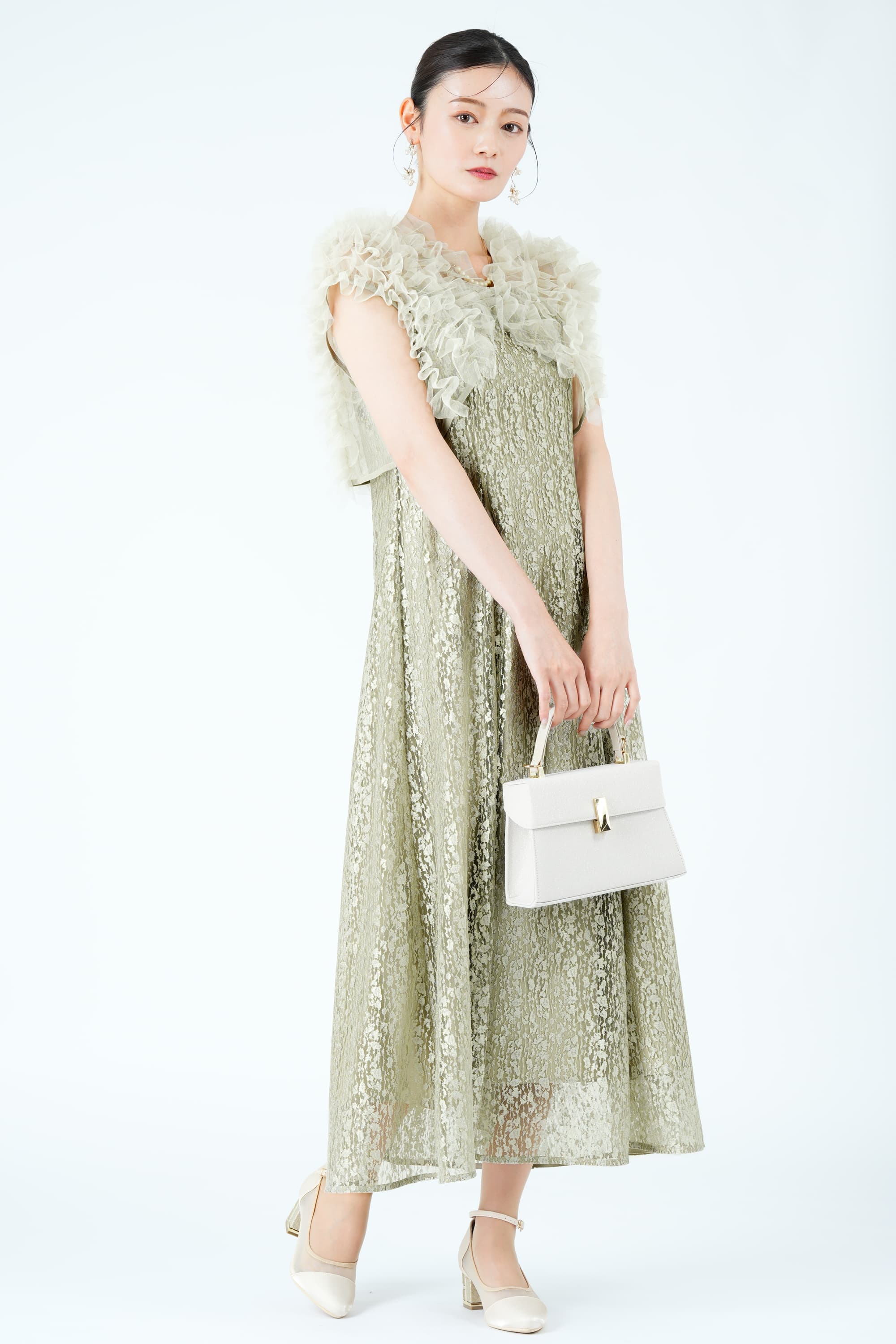 ふんわりフリルボレロ付きグリーンドレス