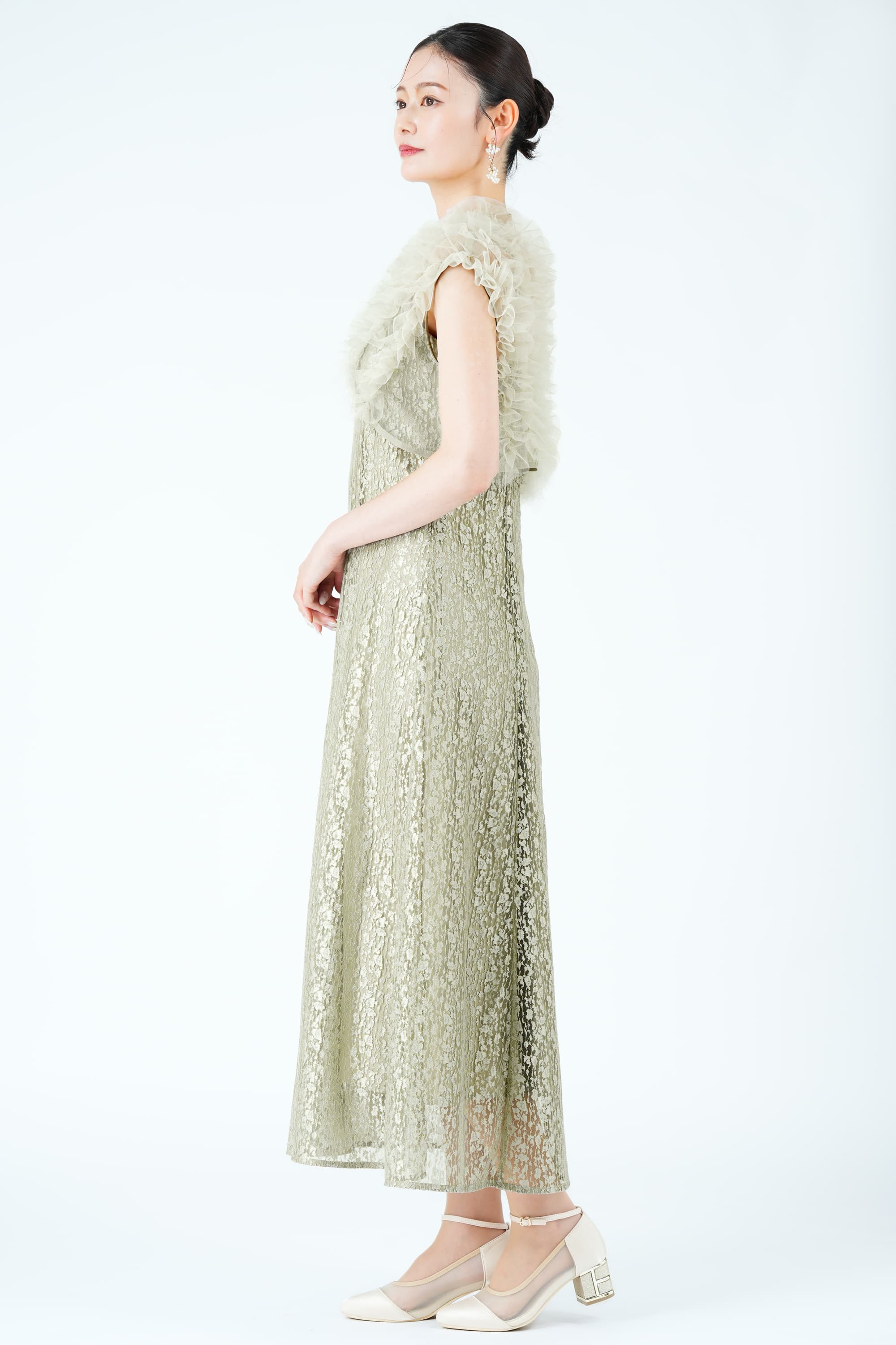 ふんわりフリルボレロ付きグリーンドレス