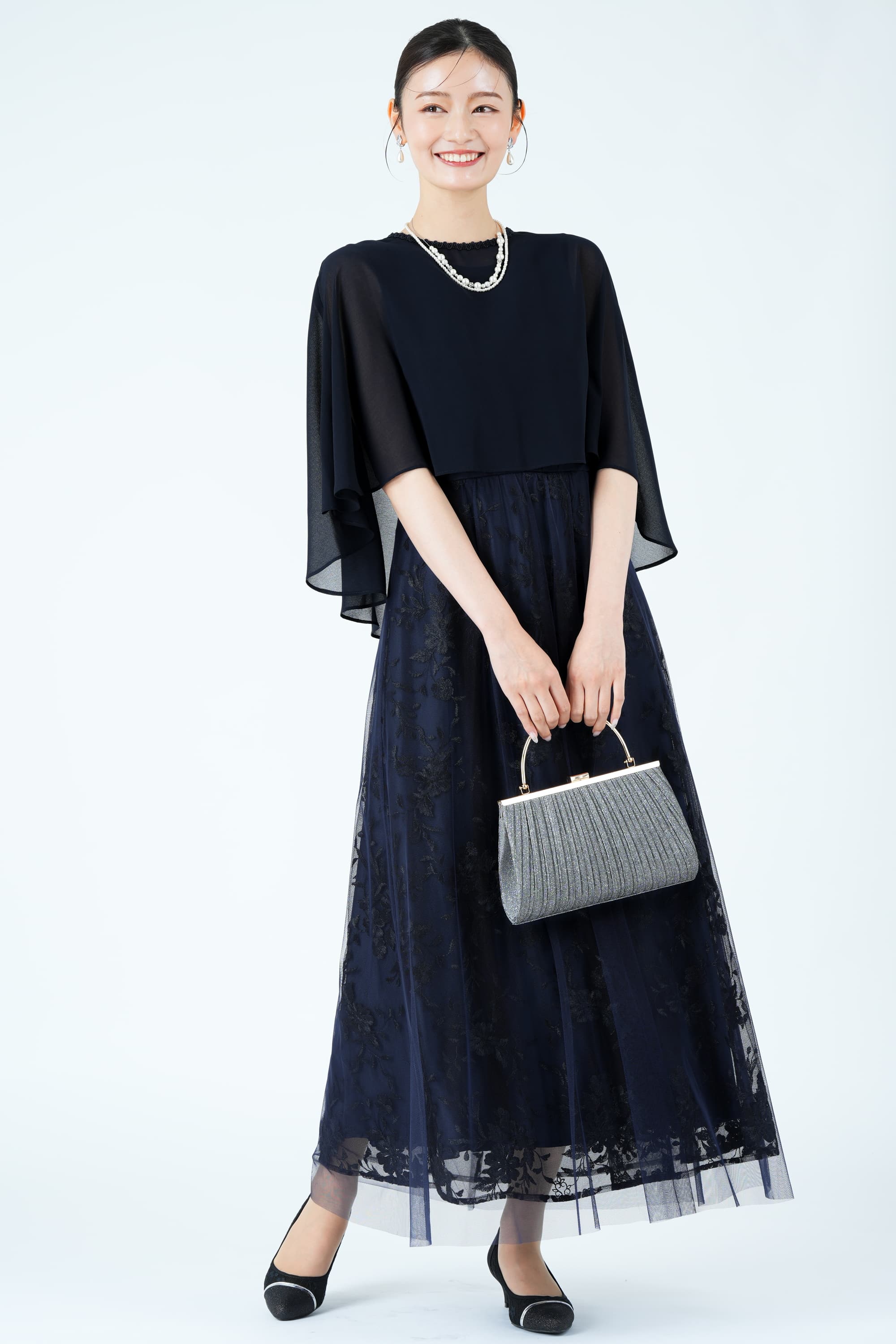 ソワールform forma＊ケープドレス　ワンピース　レース　結婚式　ネイビー form forma 東京ソワール エレガント刺繍ケープネイビードレス