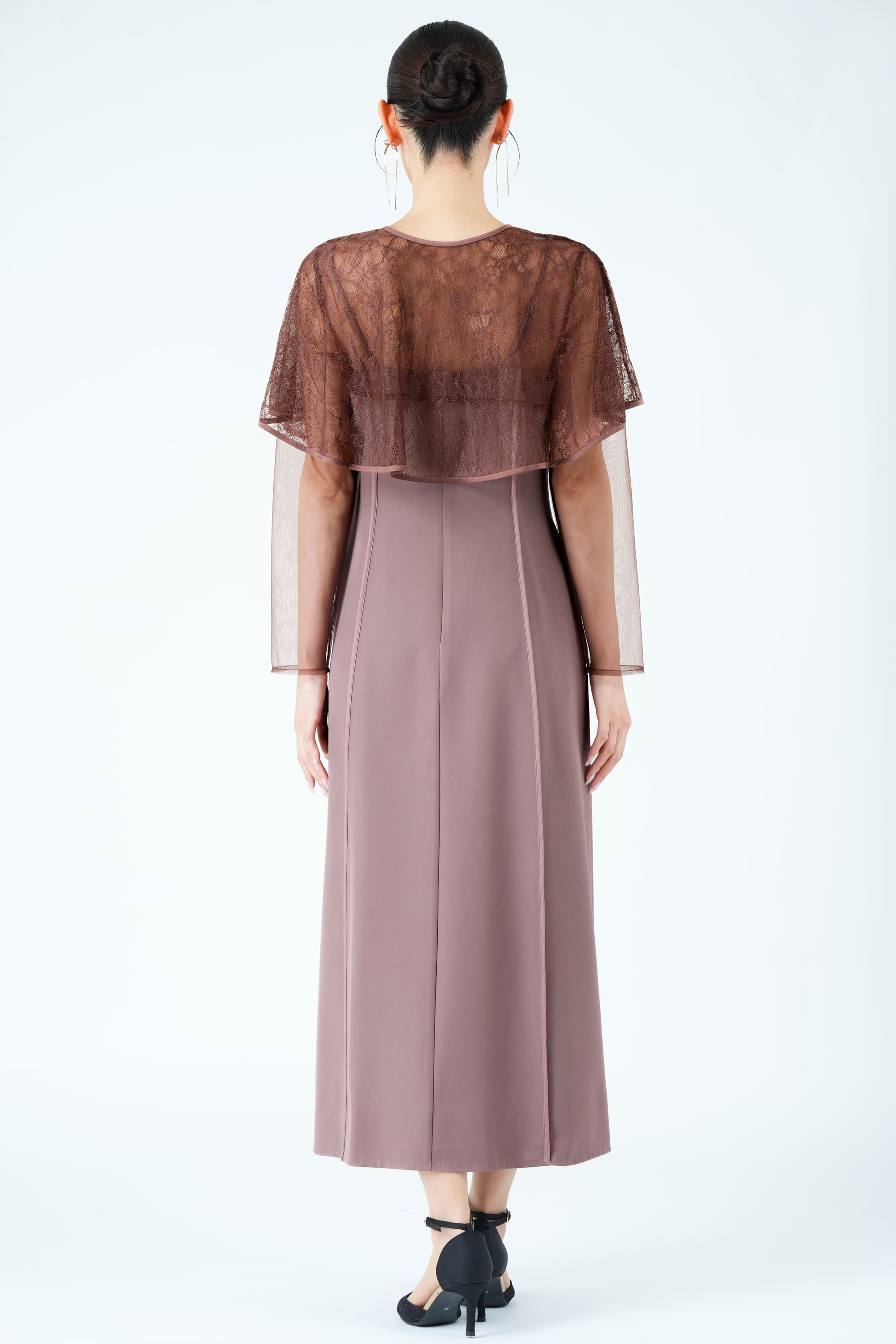 ケープ風ボレロレイヤードピンクドレス