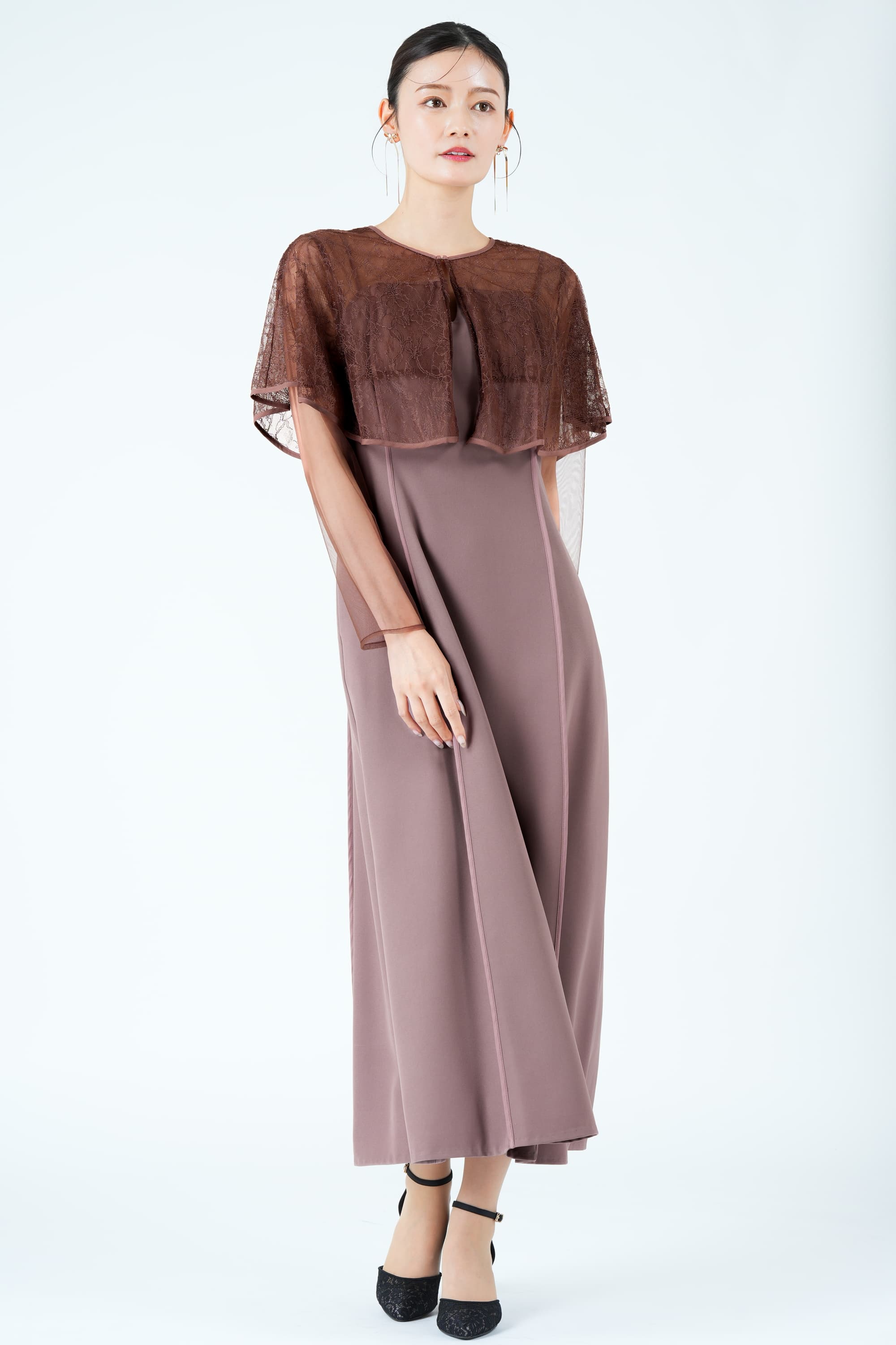 ケープ風ボレロレイヤードピンクドレス