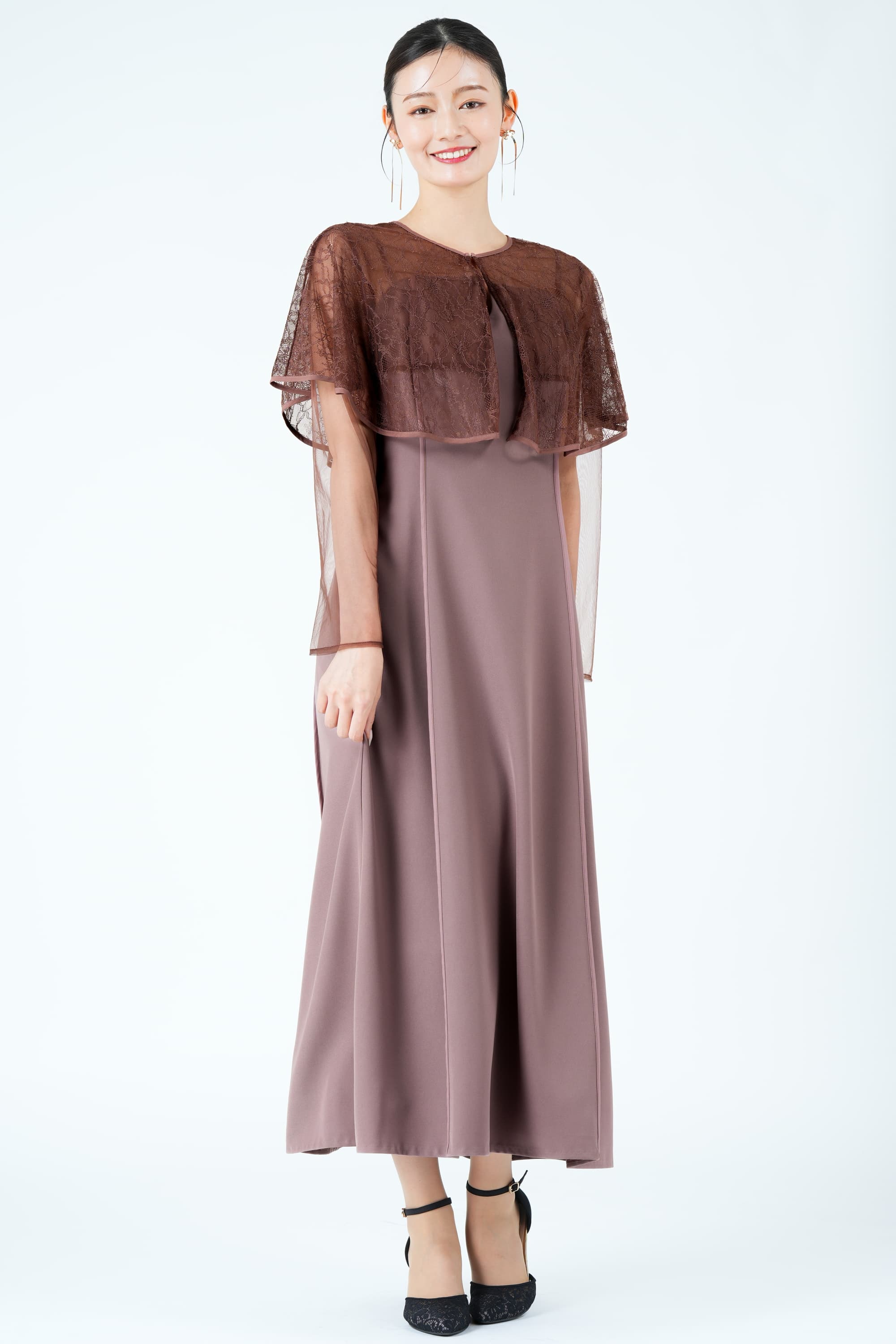 ケープ風ボレロレイヤードピンクドレス