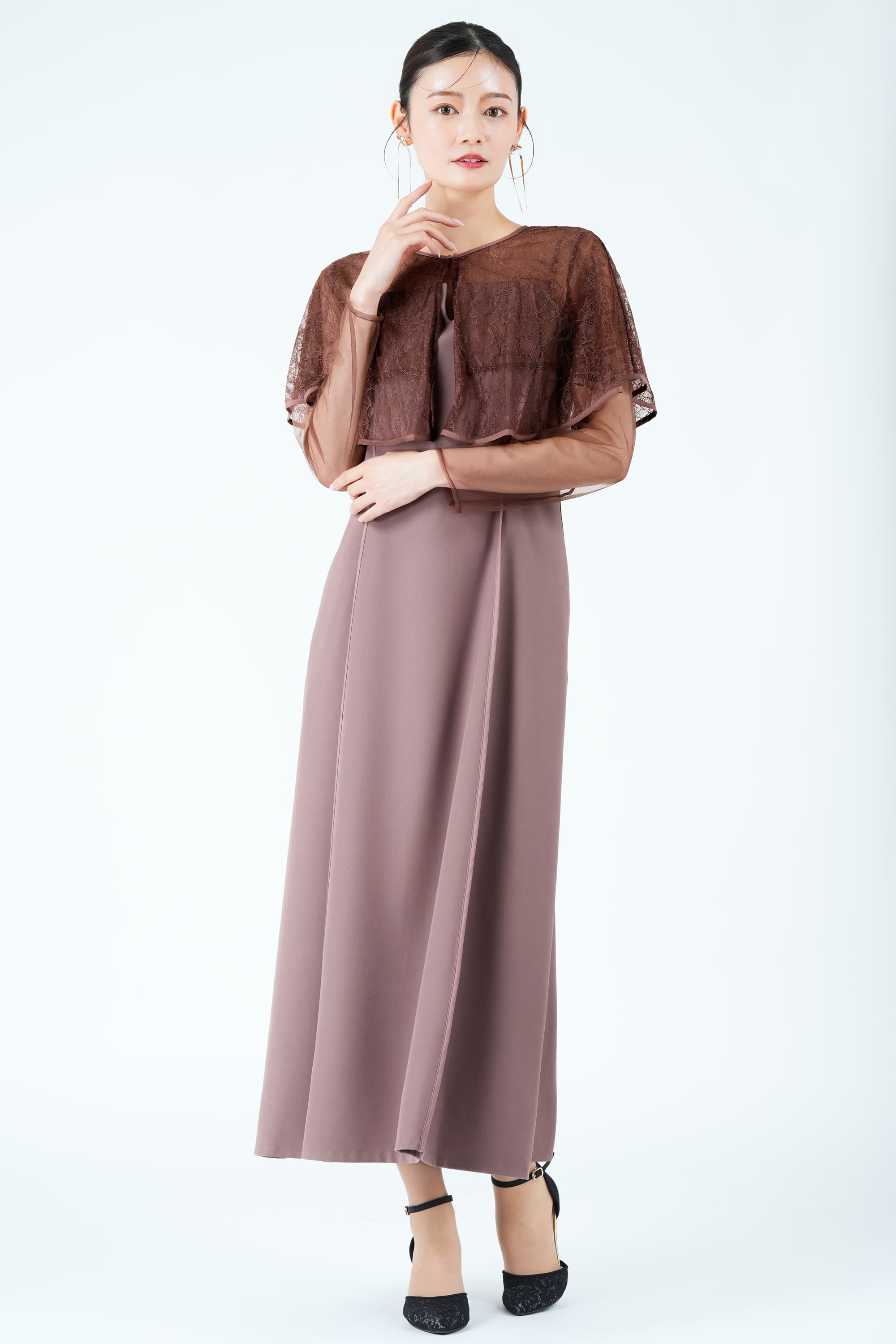 ケープ風ボレロレイヤードピンクドレス