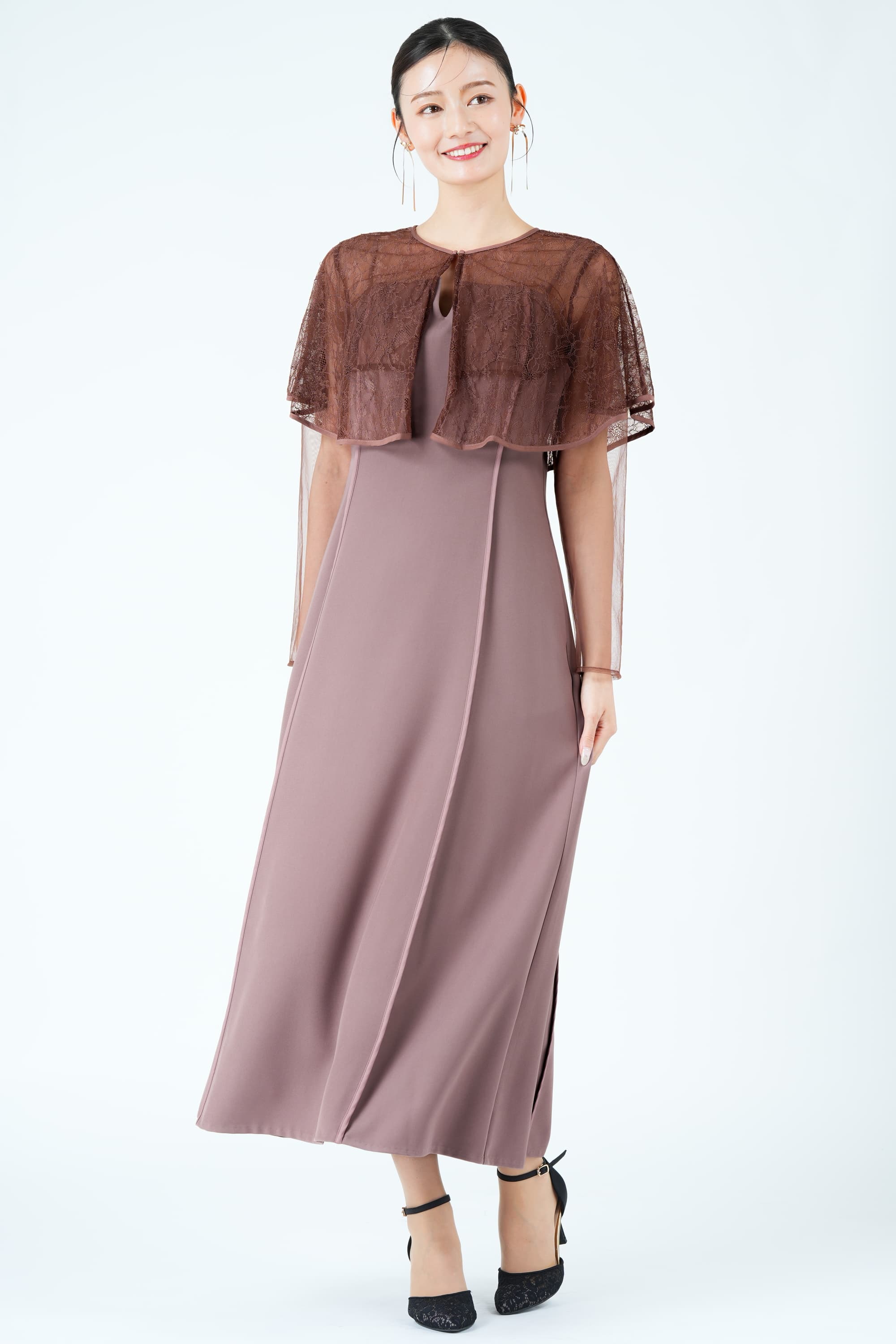 ケープ風ボレロレイヤードピンクドレス