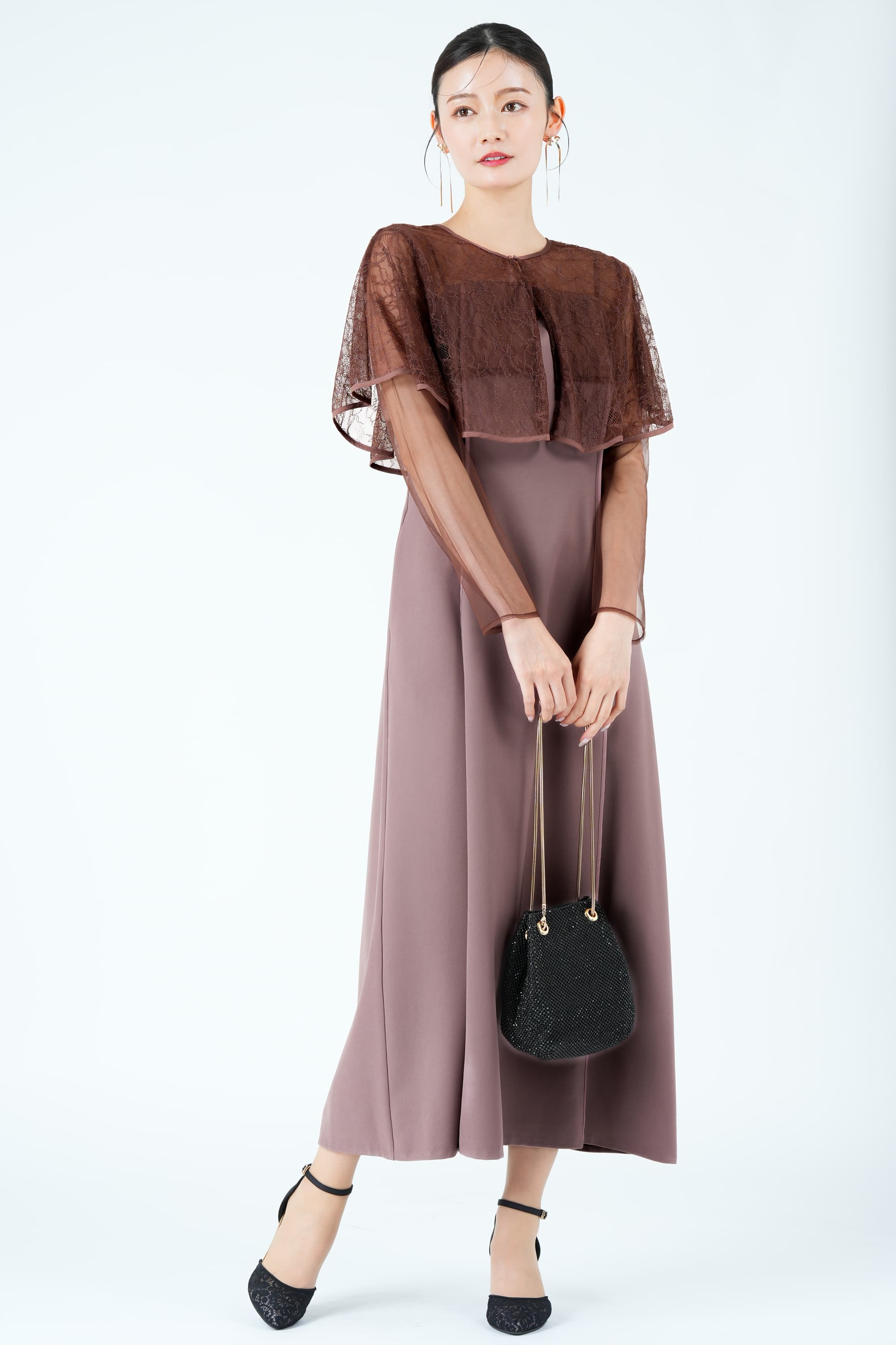 ケープ風ボレロレイヤードピンクドレス