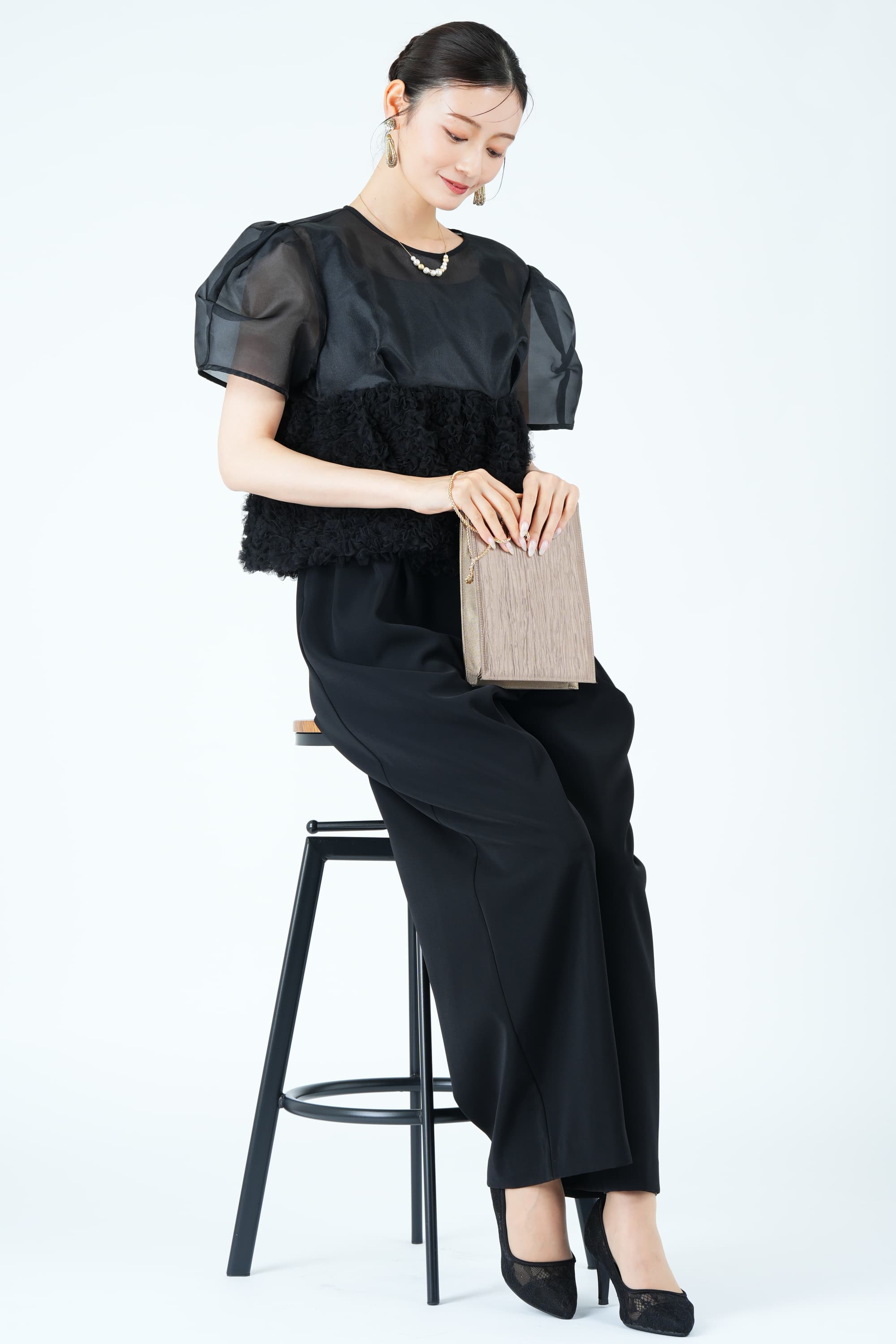 スウェルペプラムブラックパンツドレス