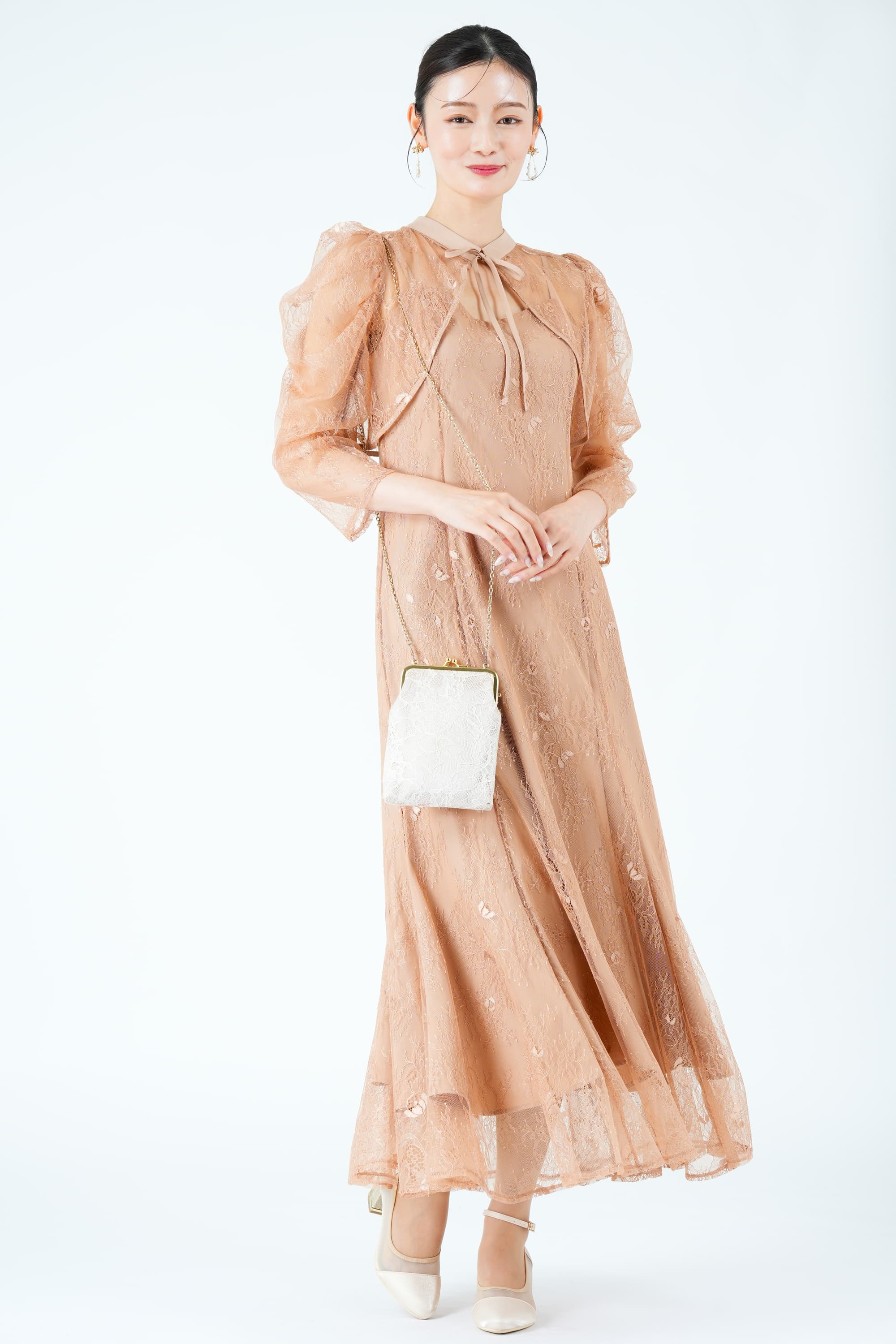 ボレロレイヤード総レースコーラルドレス