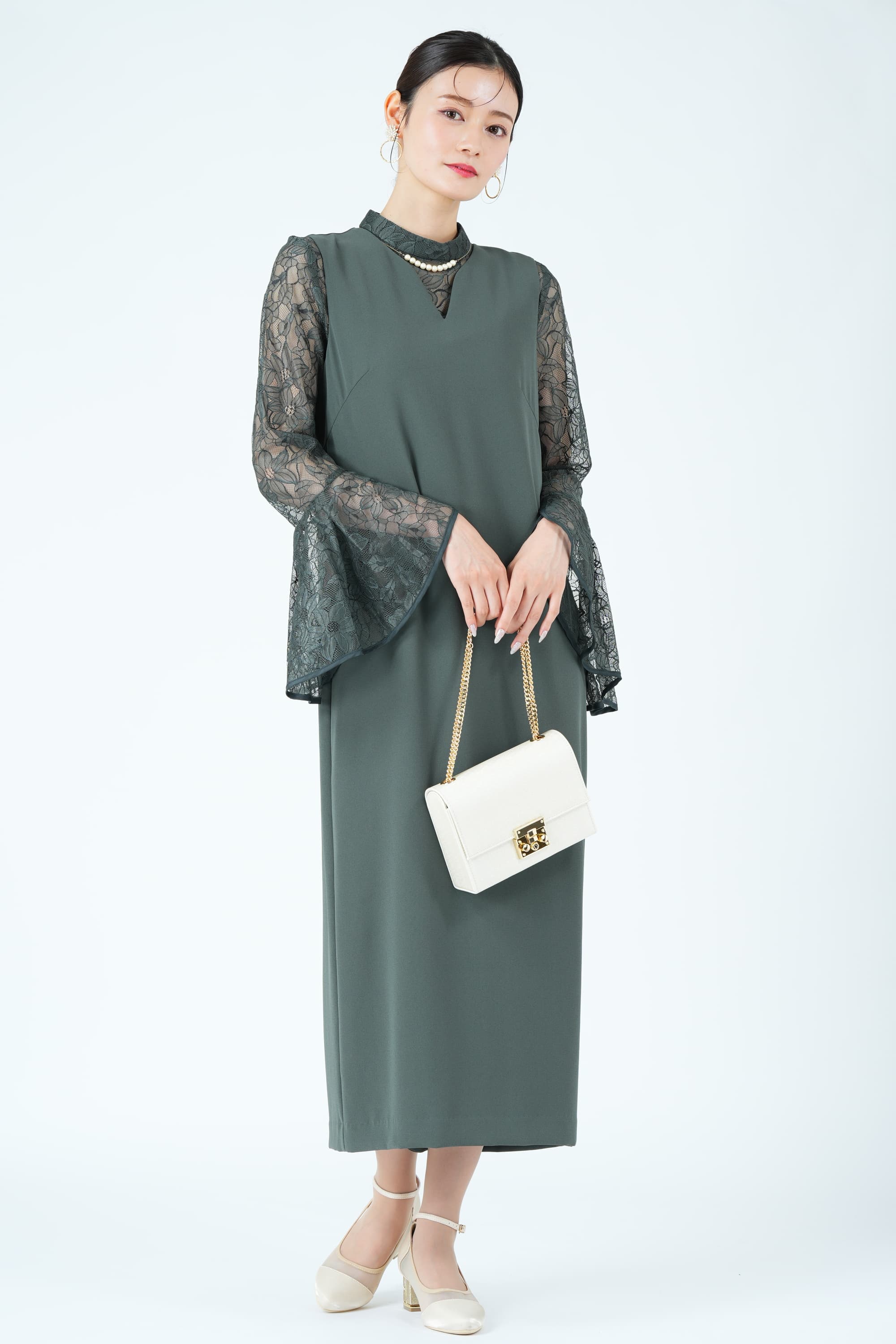 ラッセルレースブラウス付きモスグリーンドレス