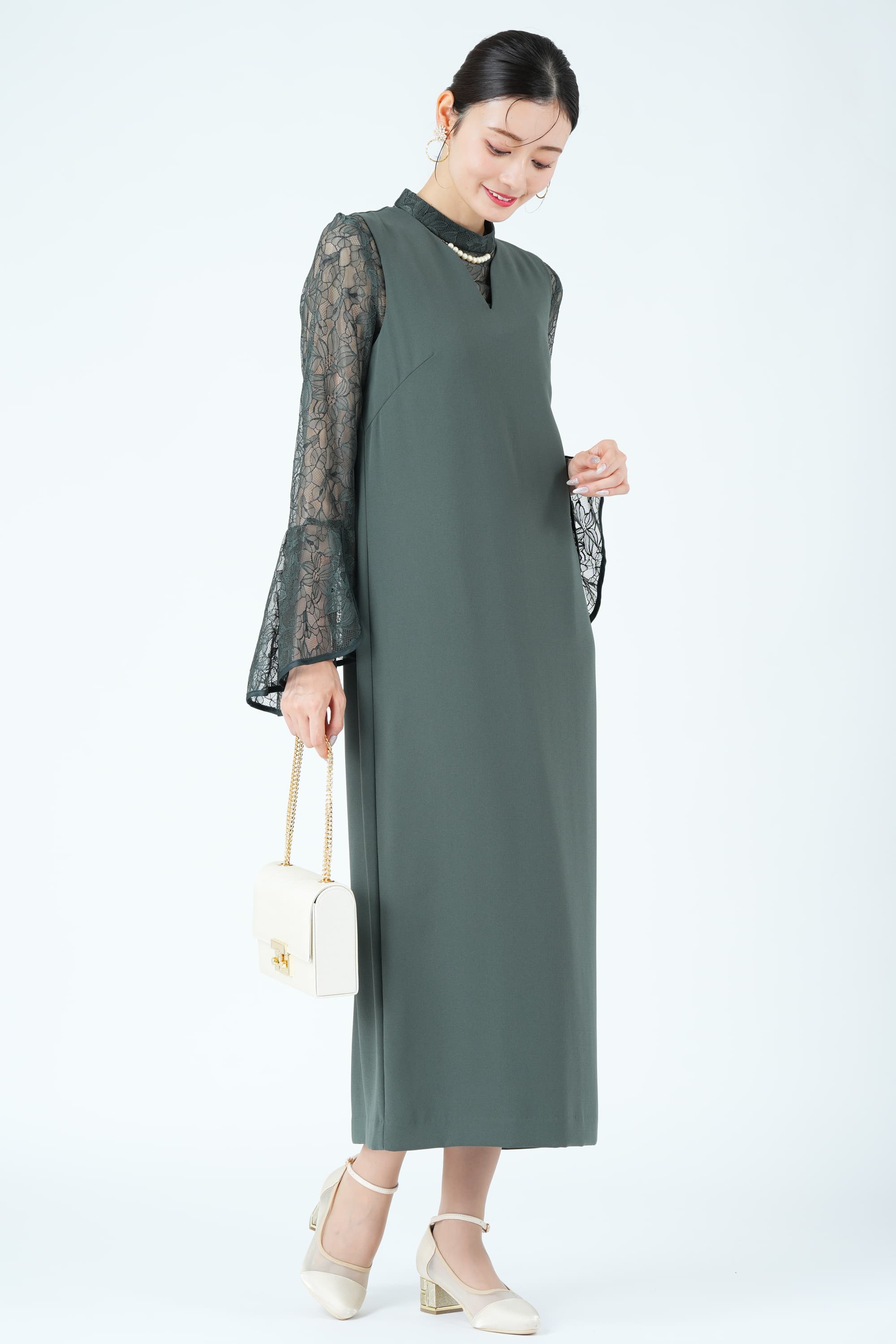 ラッセルレースブラウス付きモスグリーンドレス