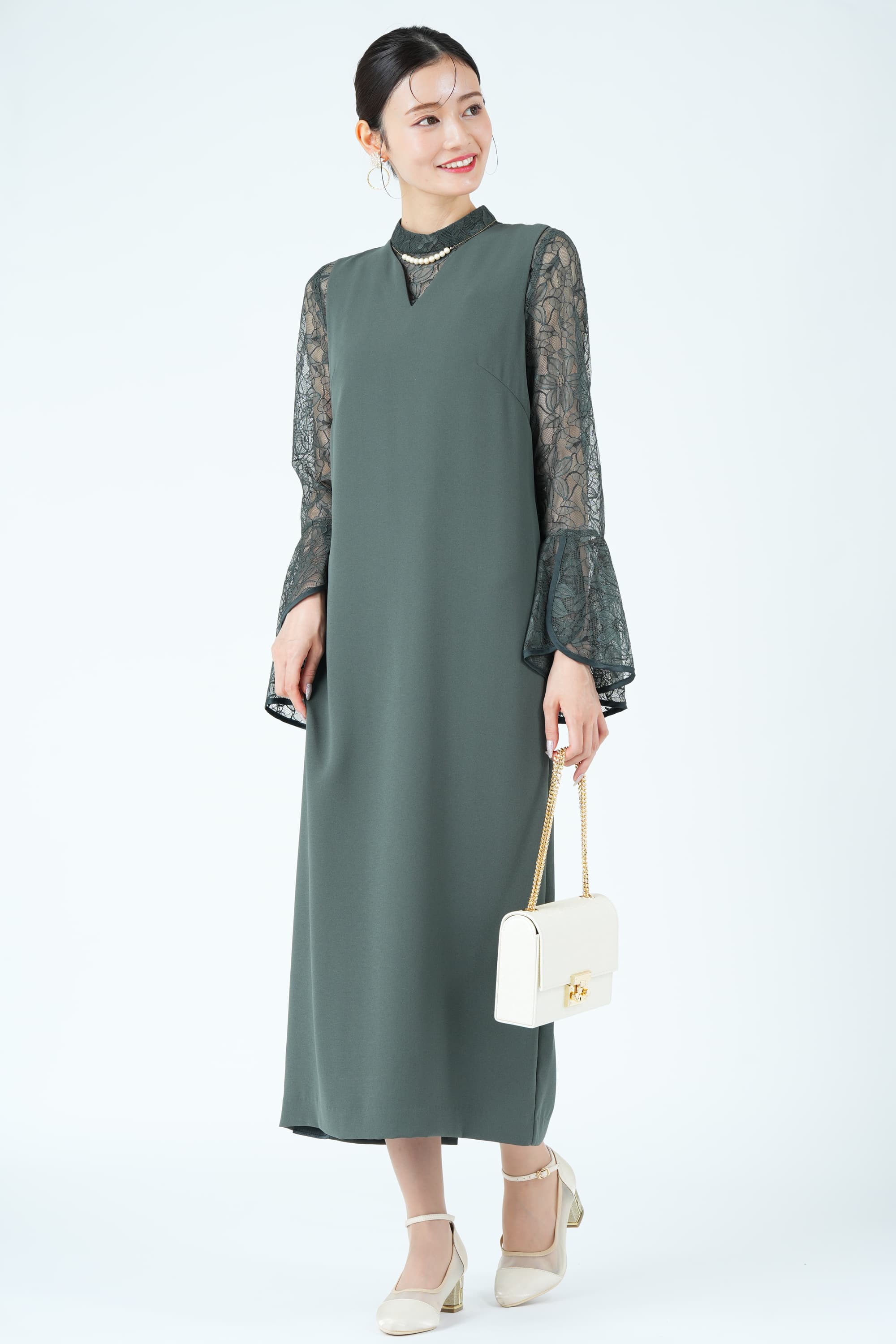 ラッセルレースブラウス付きモスグリーンドレス