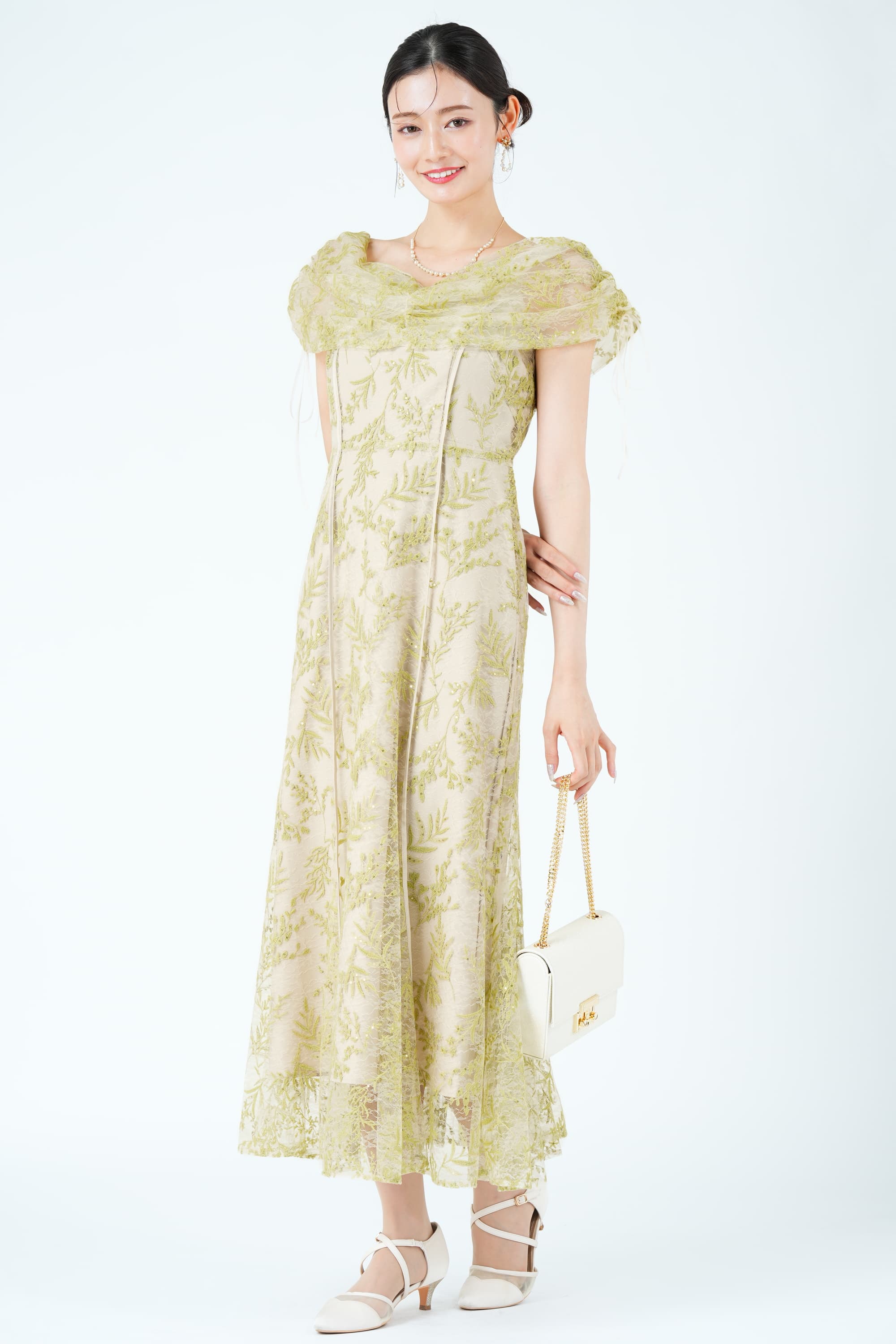 シークイン花モチーフライムグリーンドレス