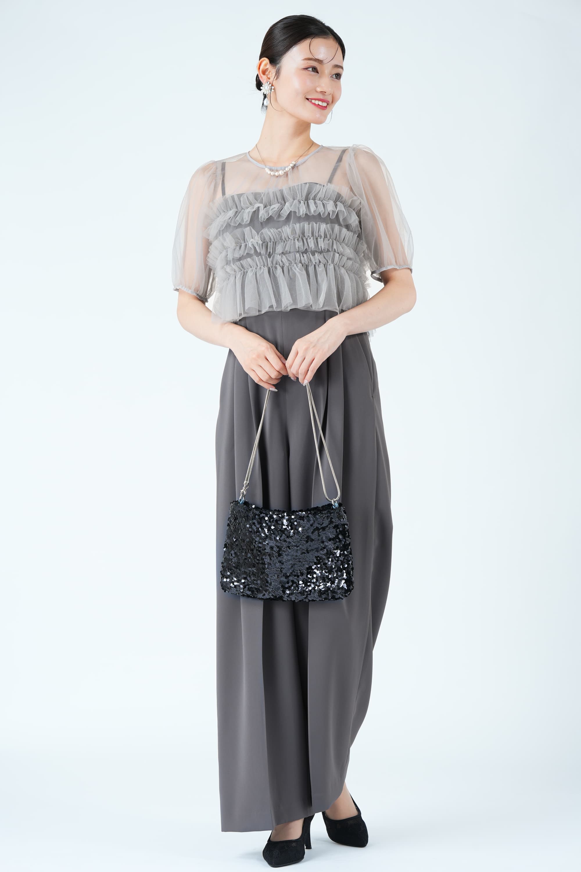 シアーレイヤーグレーパンツドレス