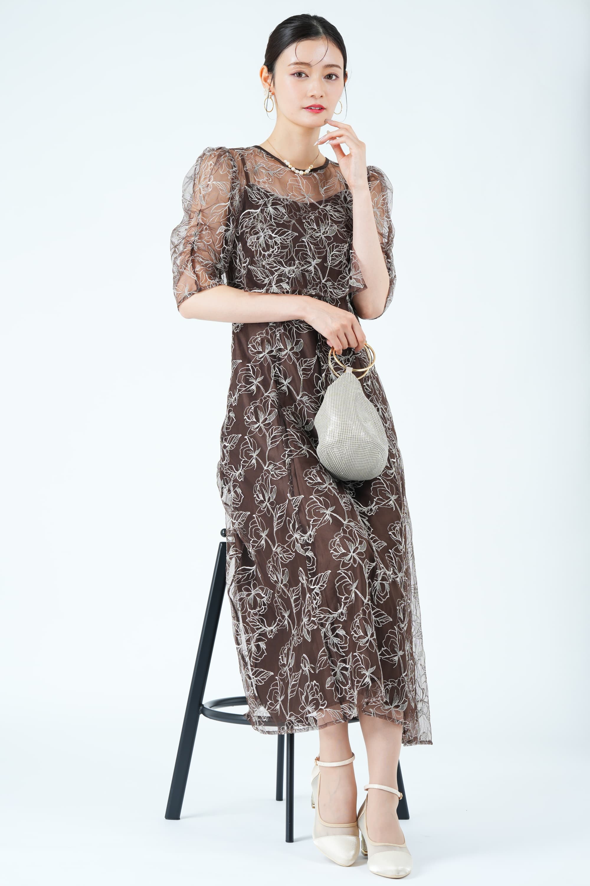 ブラウンドレス ニアナ niana 2way襟付き総レースパーティードレス （ブラウン