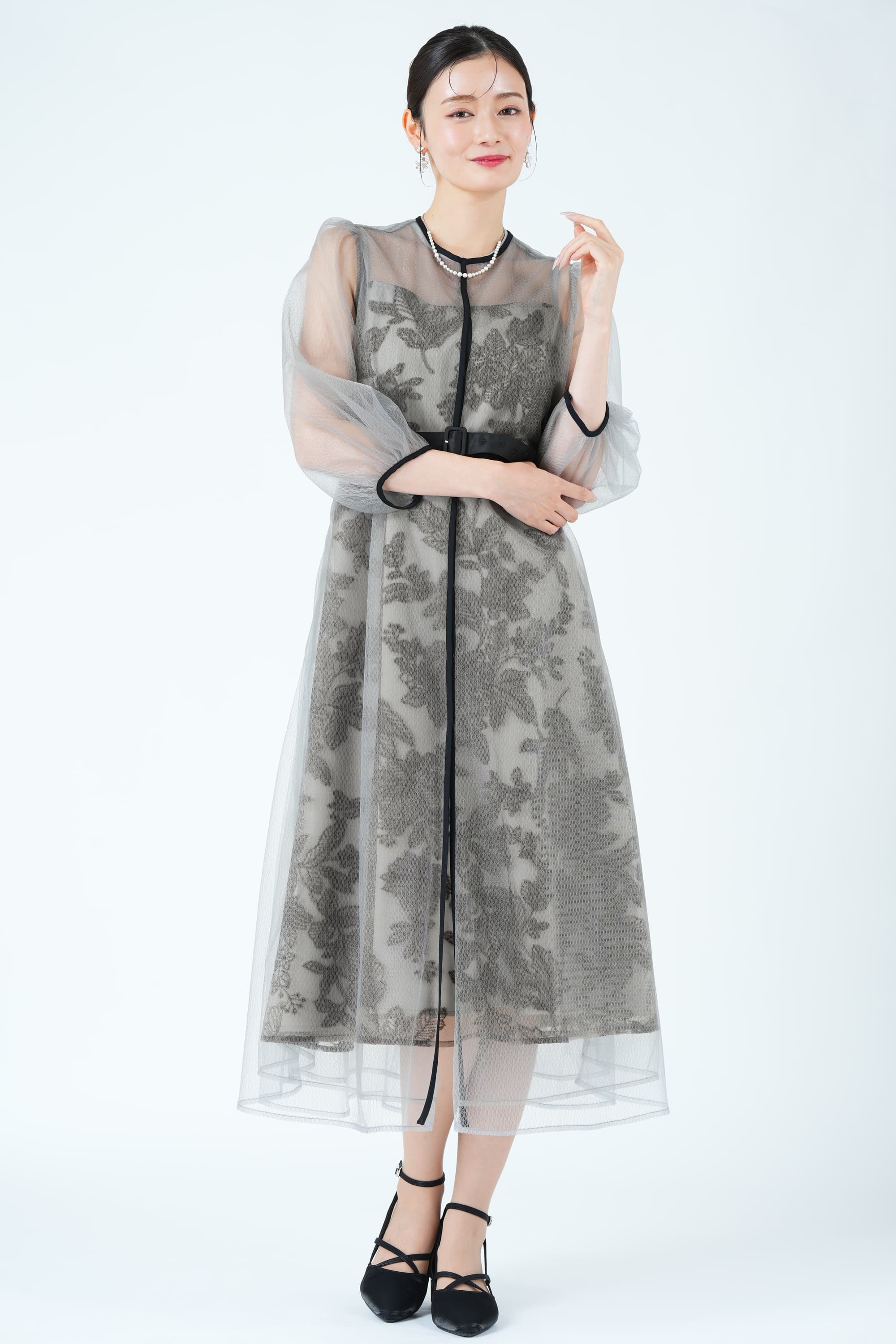 リーフ刺繍レイヤードベルトグレードレス