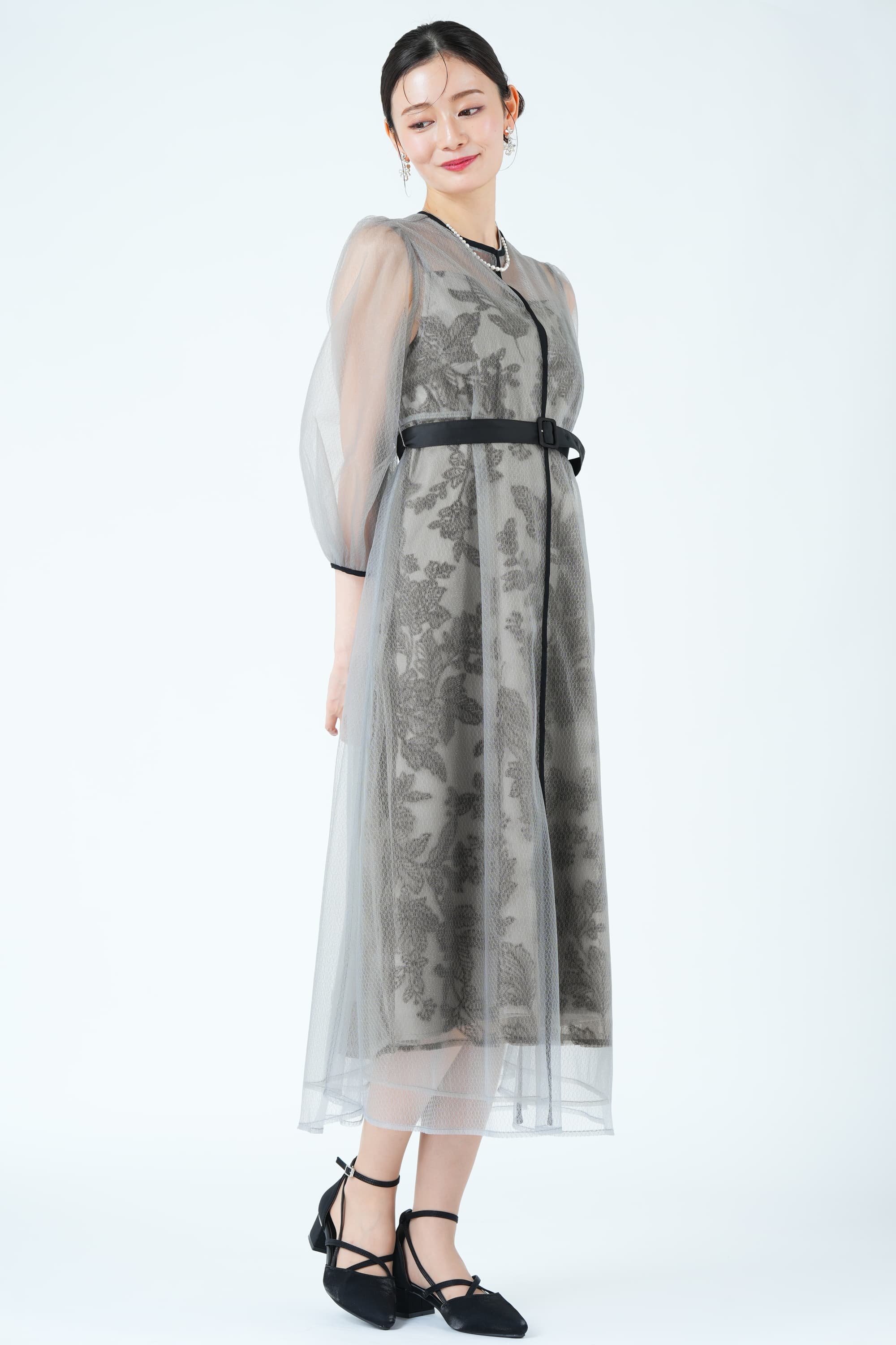 リーフ刺繍レイヤードベルトグレードレス