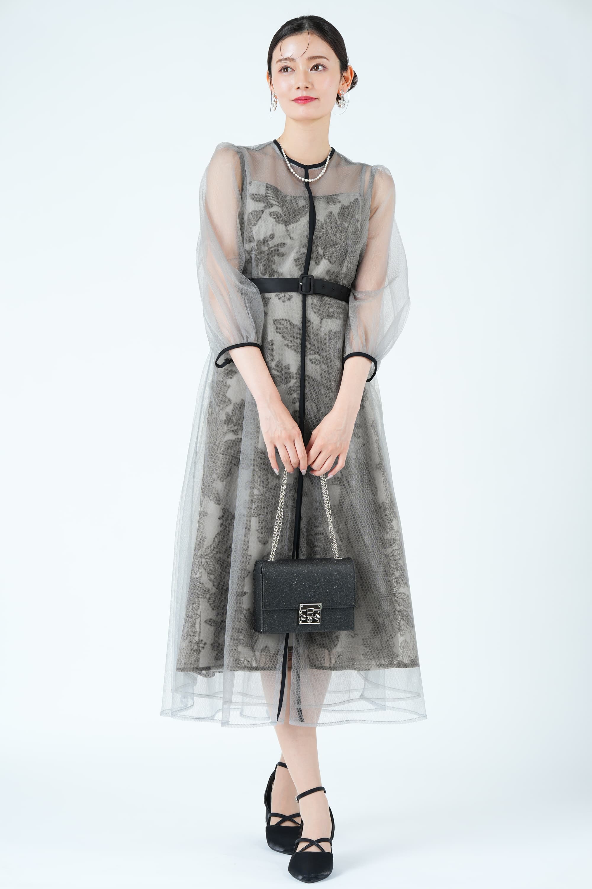 リーフ刺繍レイヤードベルトグレードレス