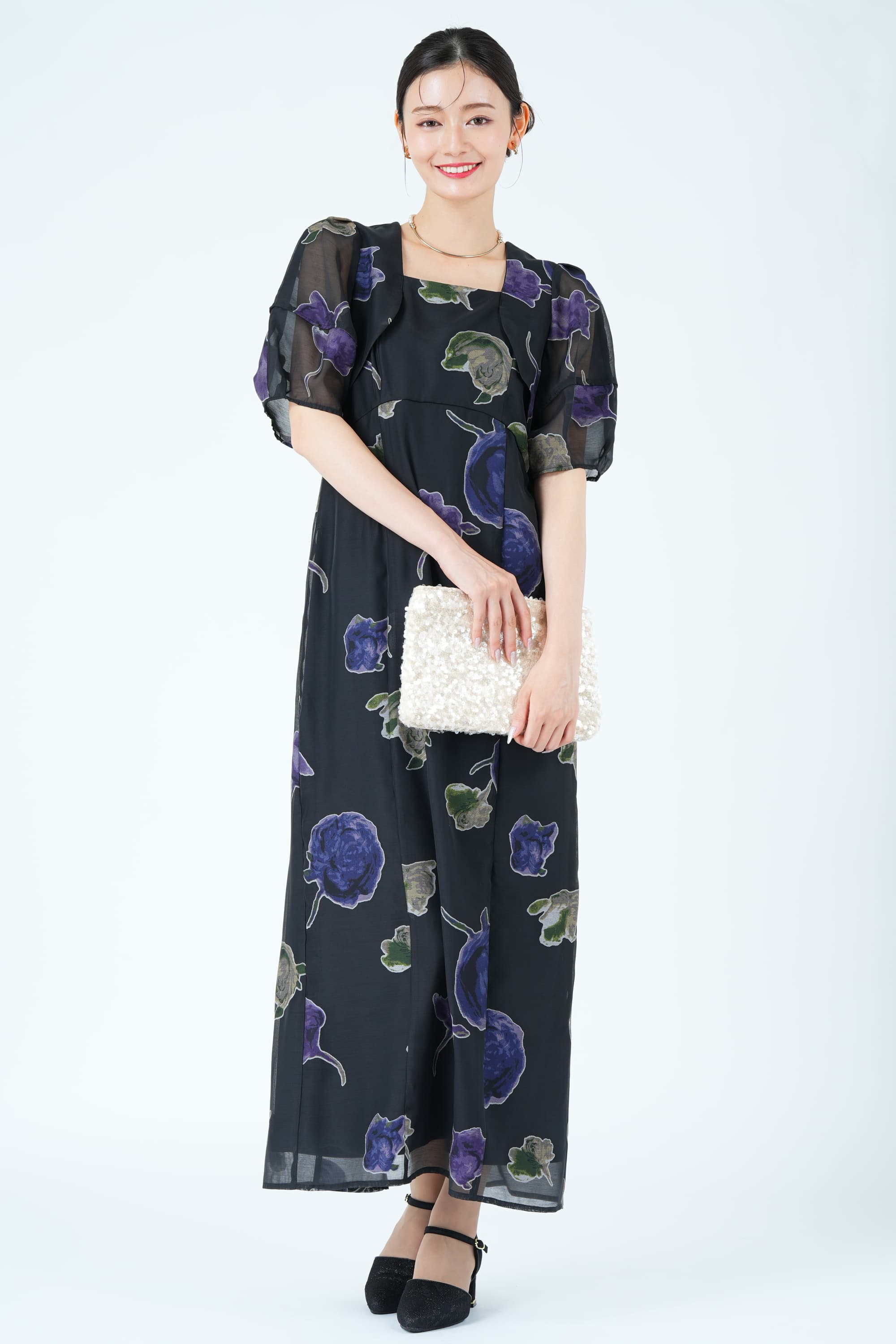 Ameri VINTAGE オパール薔薇モチーフブラックドレス (M) を