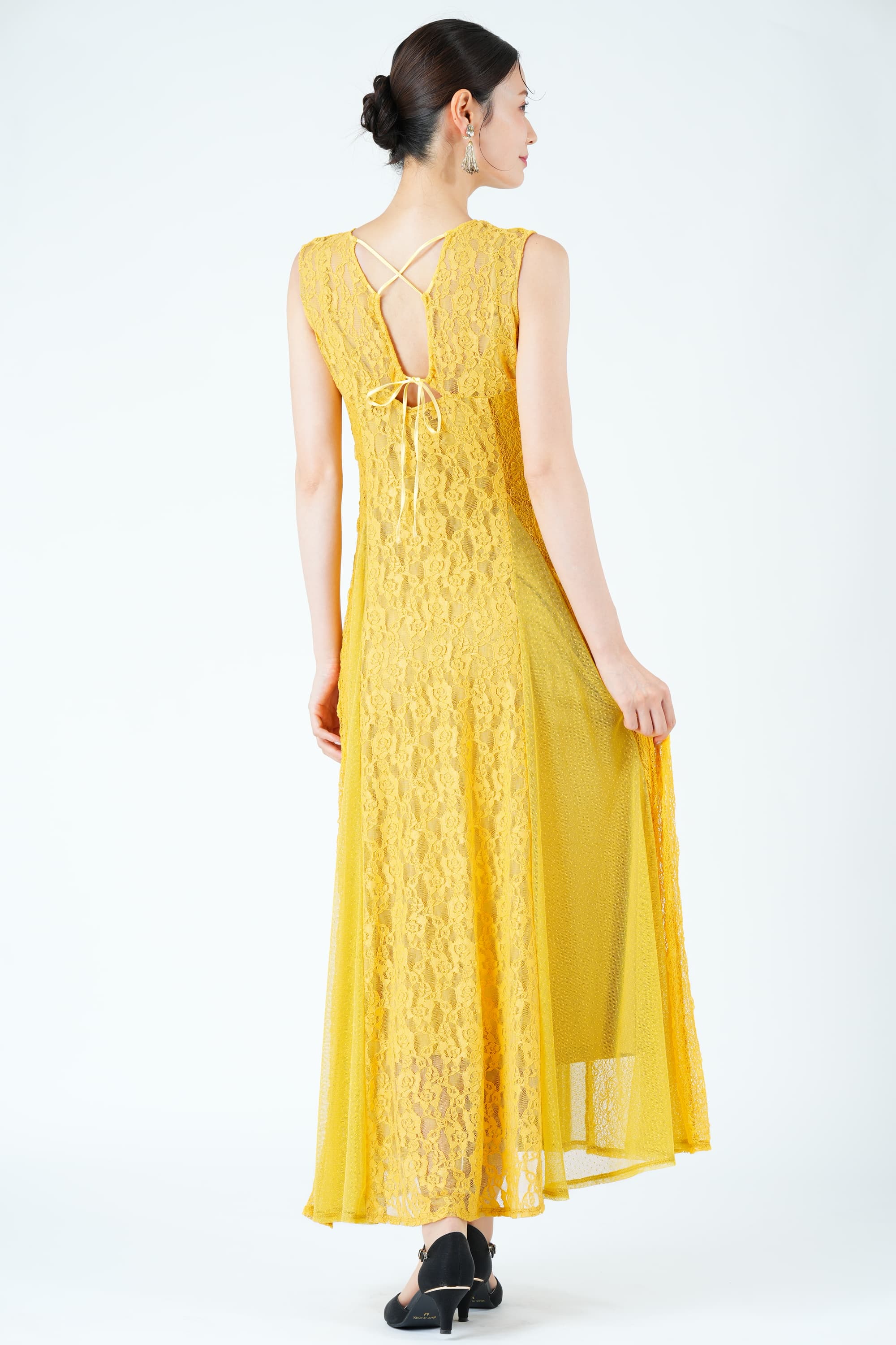 パッチワーク風レースマスタードドレス