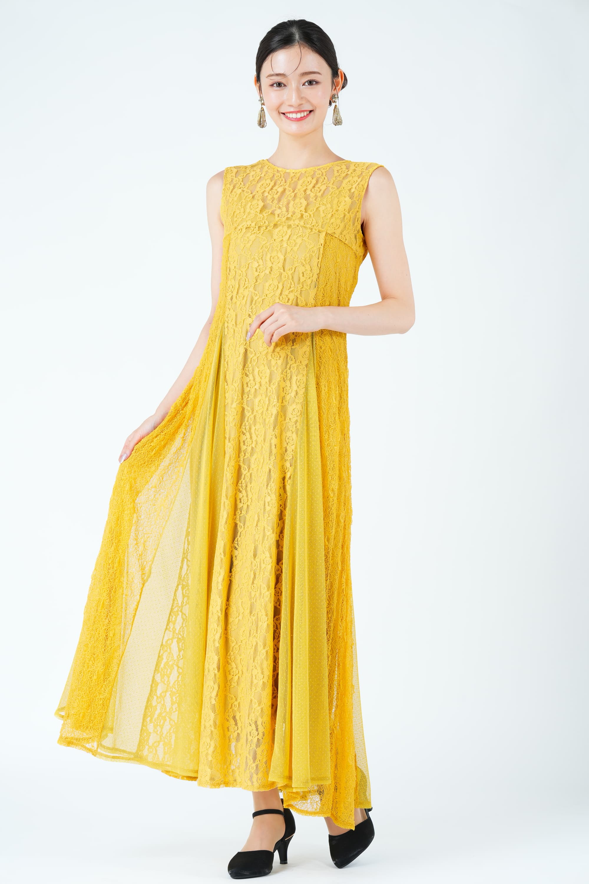 パッチワーク風レースマスタードドレス