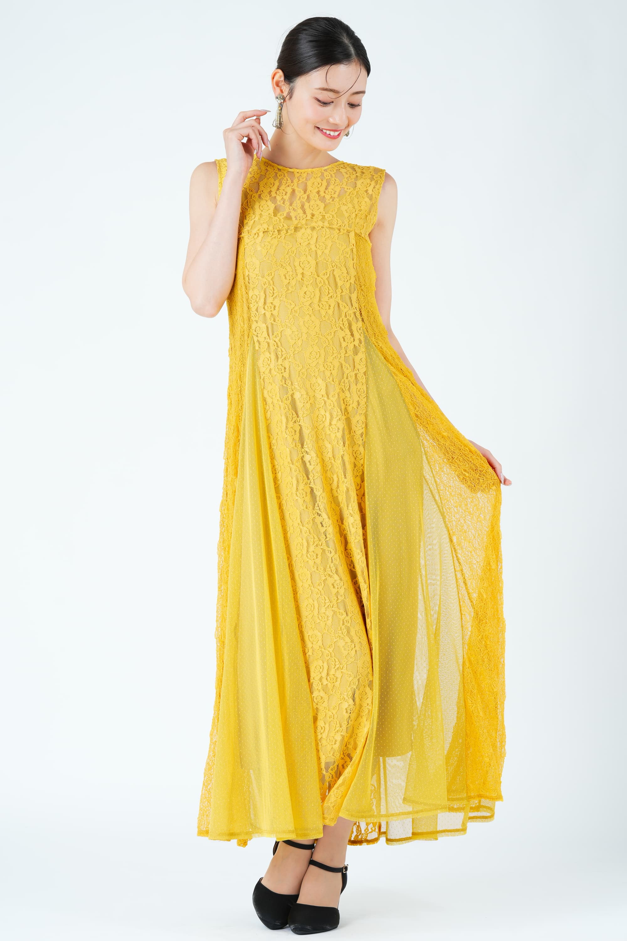 パッチワーク風レースマスタードドレス