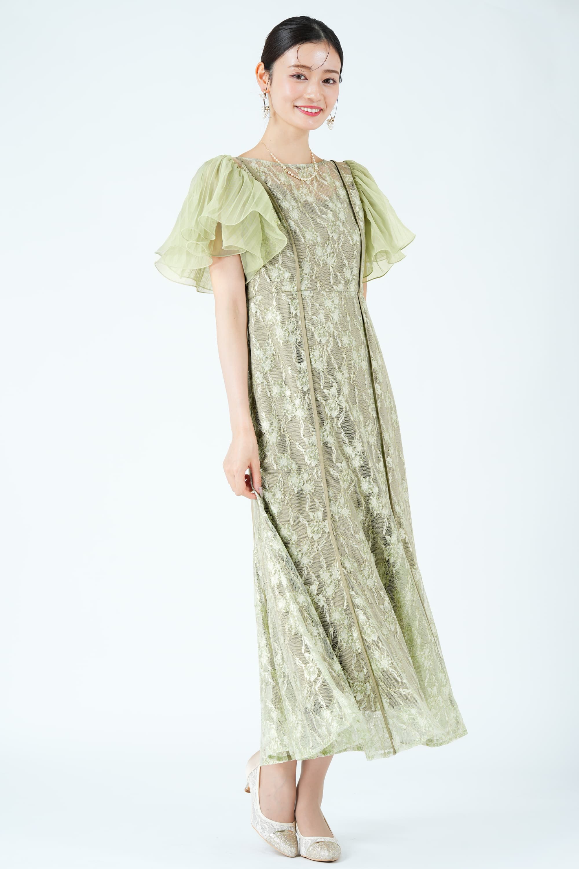 ラッフルスリーブ総レースグリーンドレス