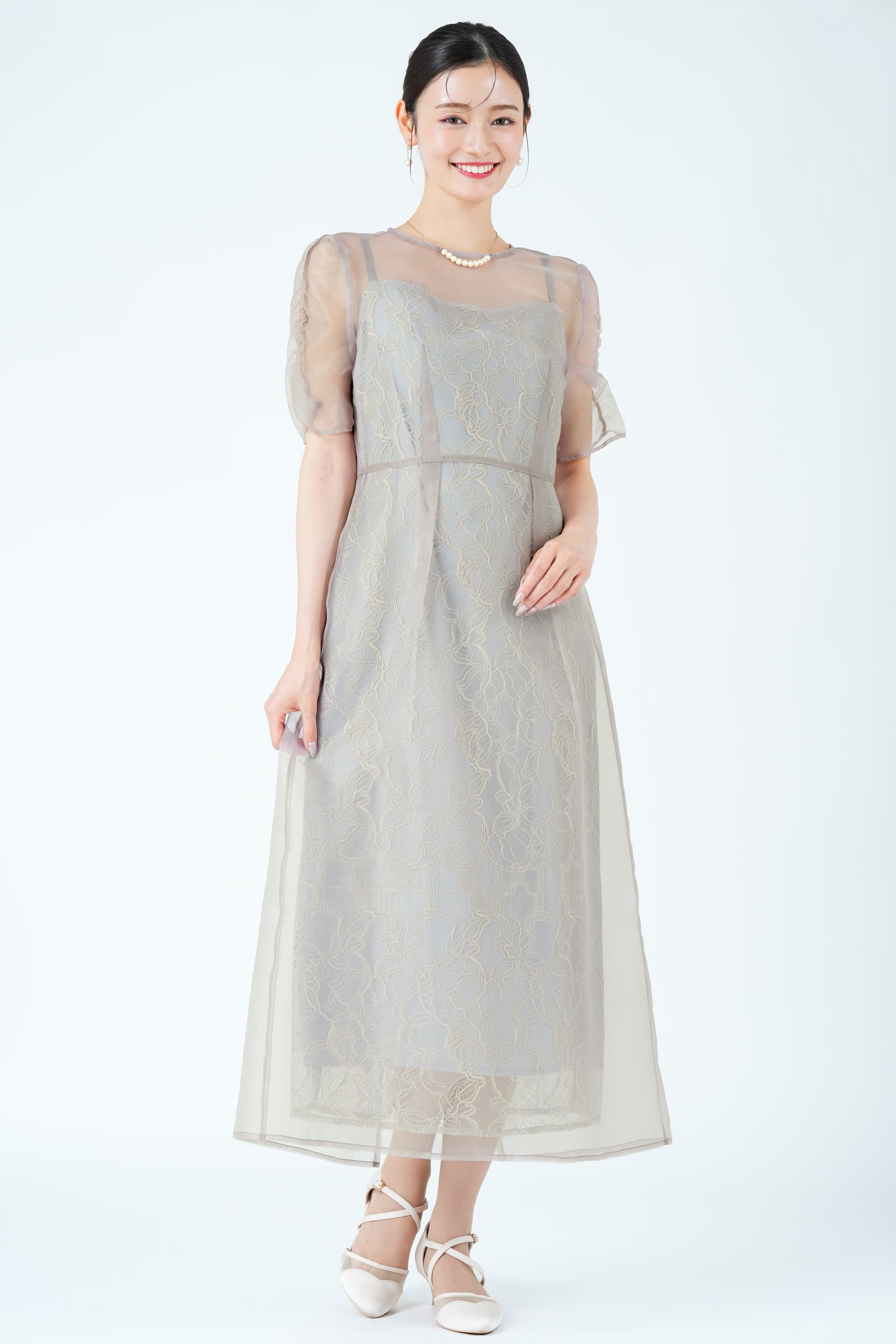 配色レース×オーガンジーエプロングレージュドレス