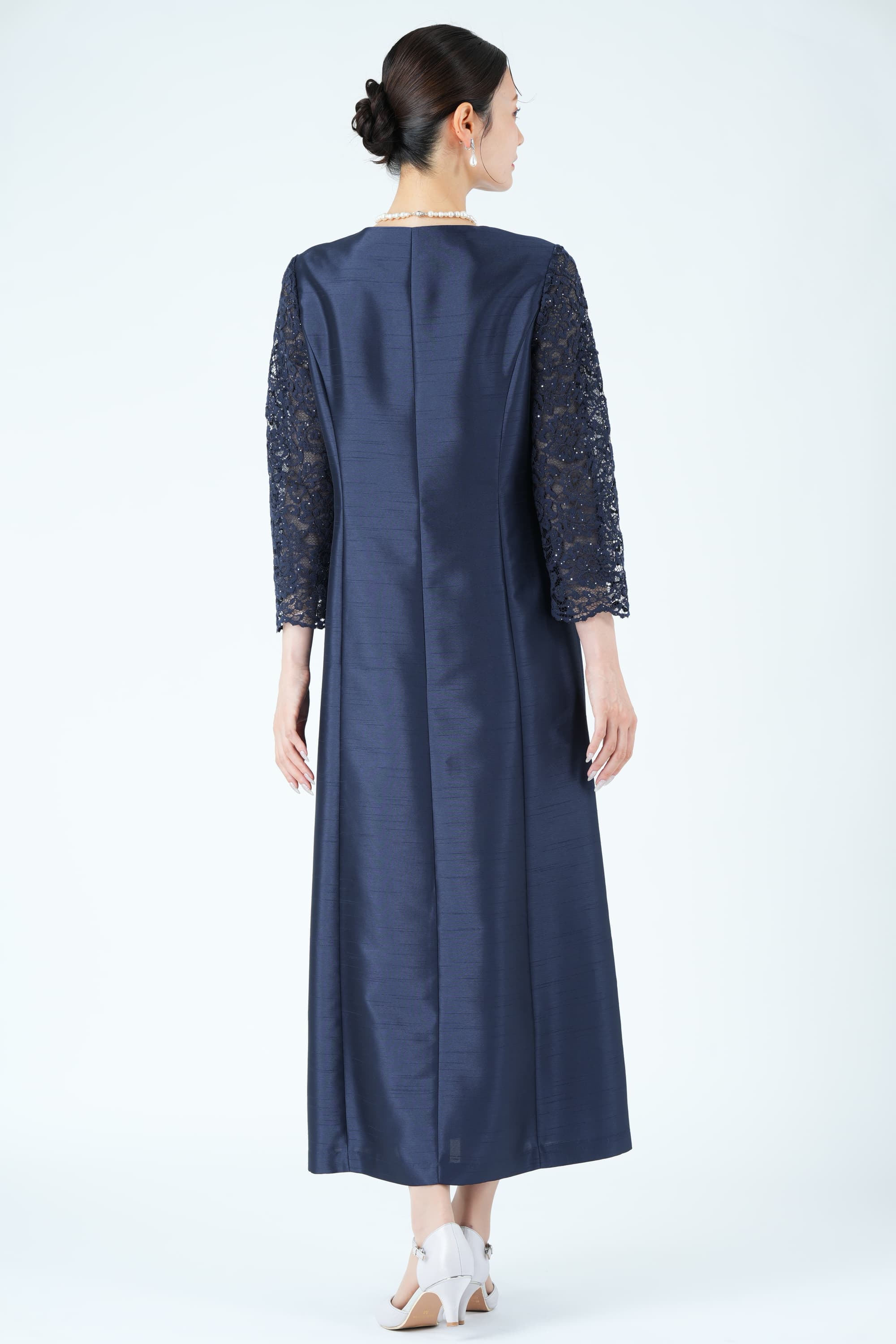 レース袖フォーマルネイビードレス