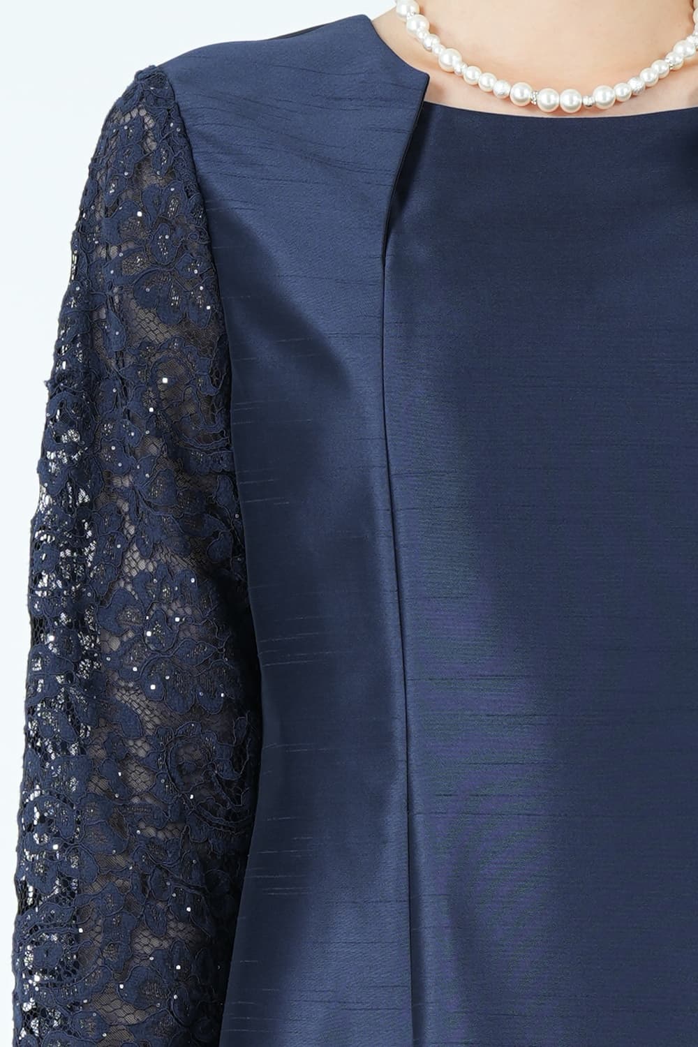 レース袖フォーマルネイビードレス