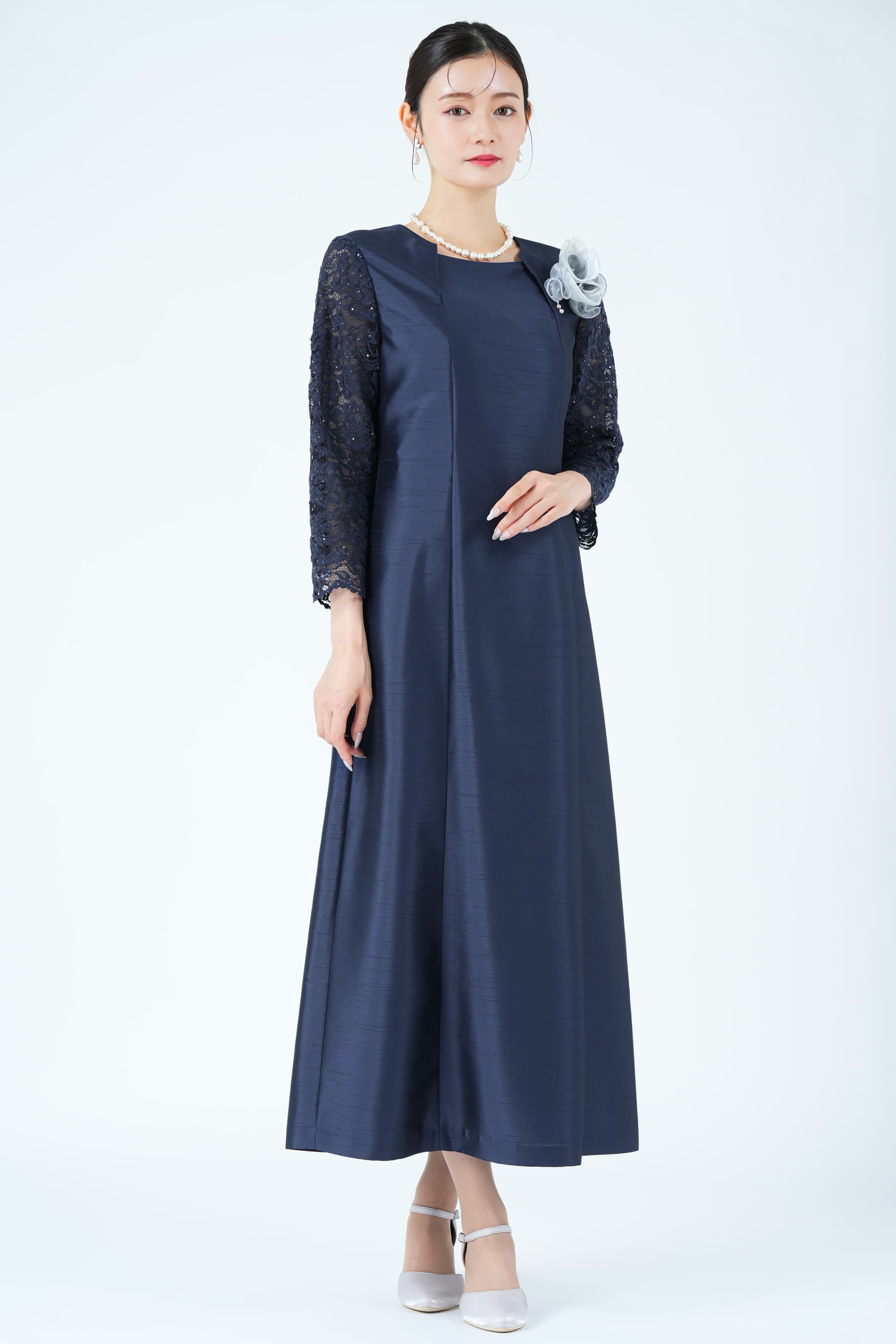 レース袖フォーマルネイビードレス