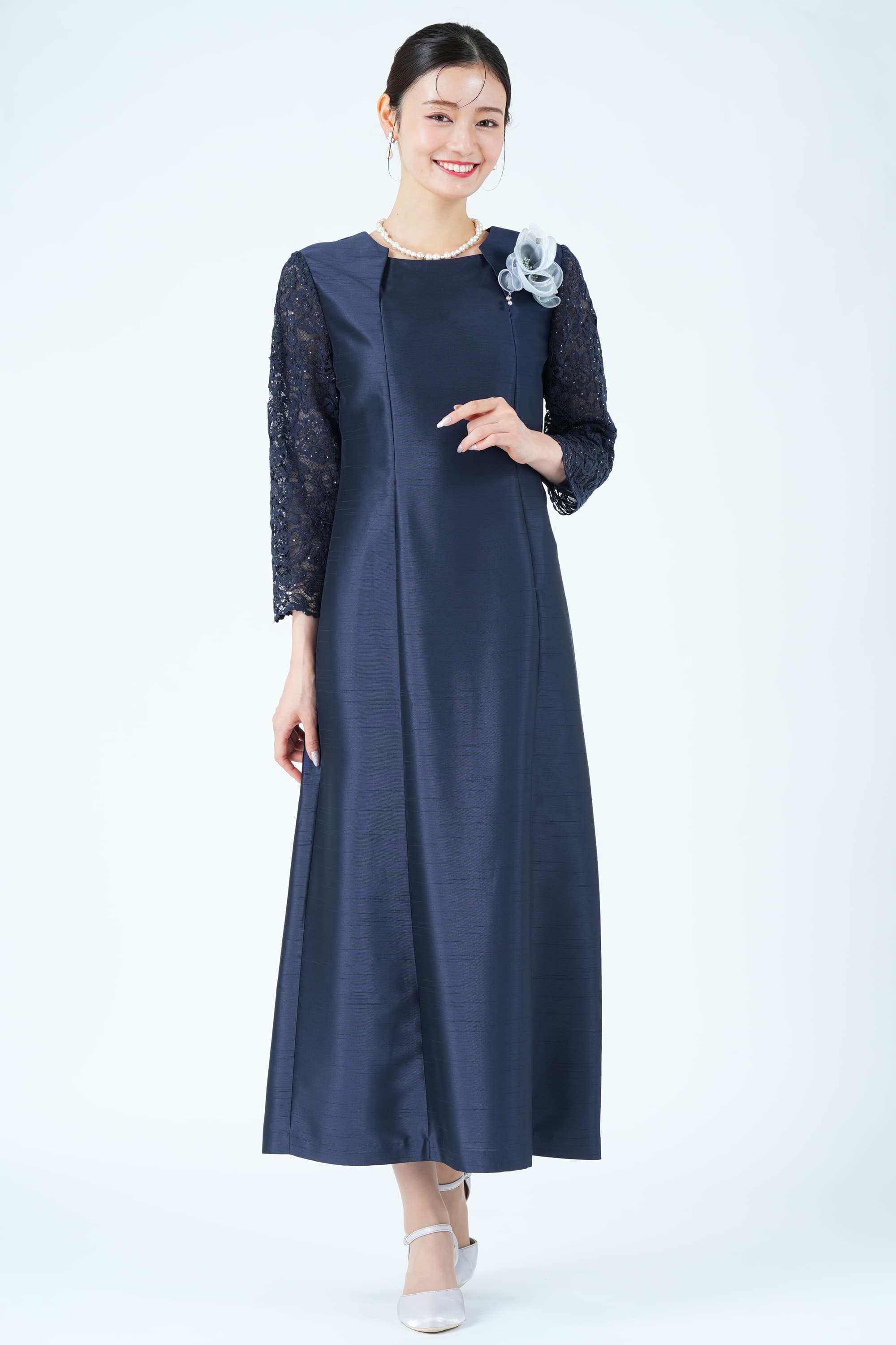 レース袖フォーマルネイビードレス