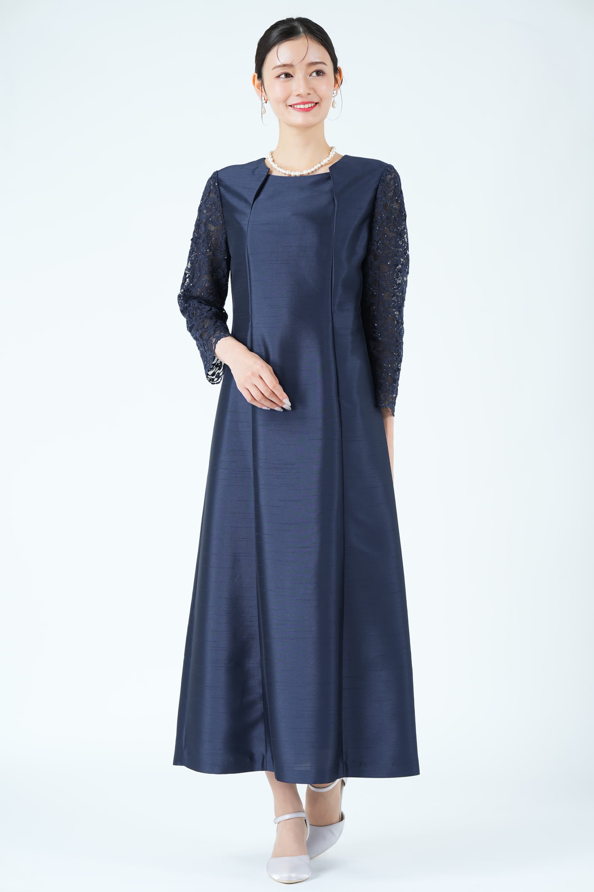 レース袖フォーマルネイビードレス