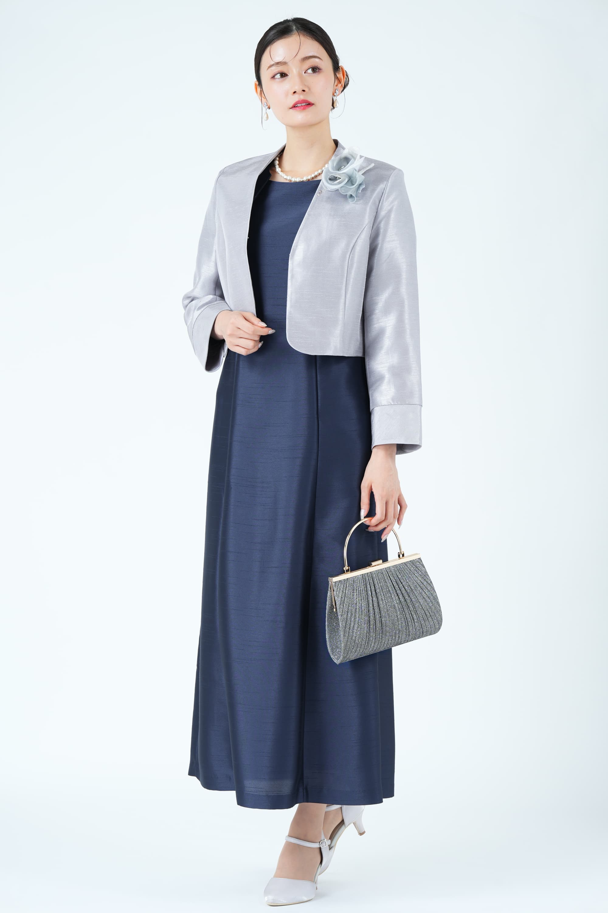 レース袖フォーマルネイビードレス