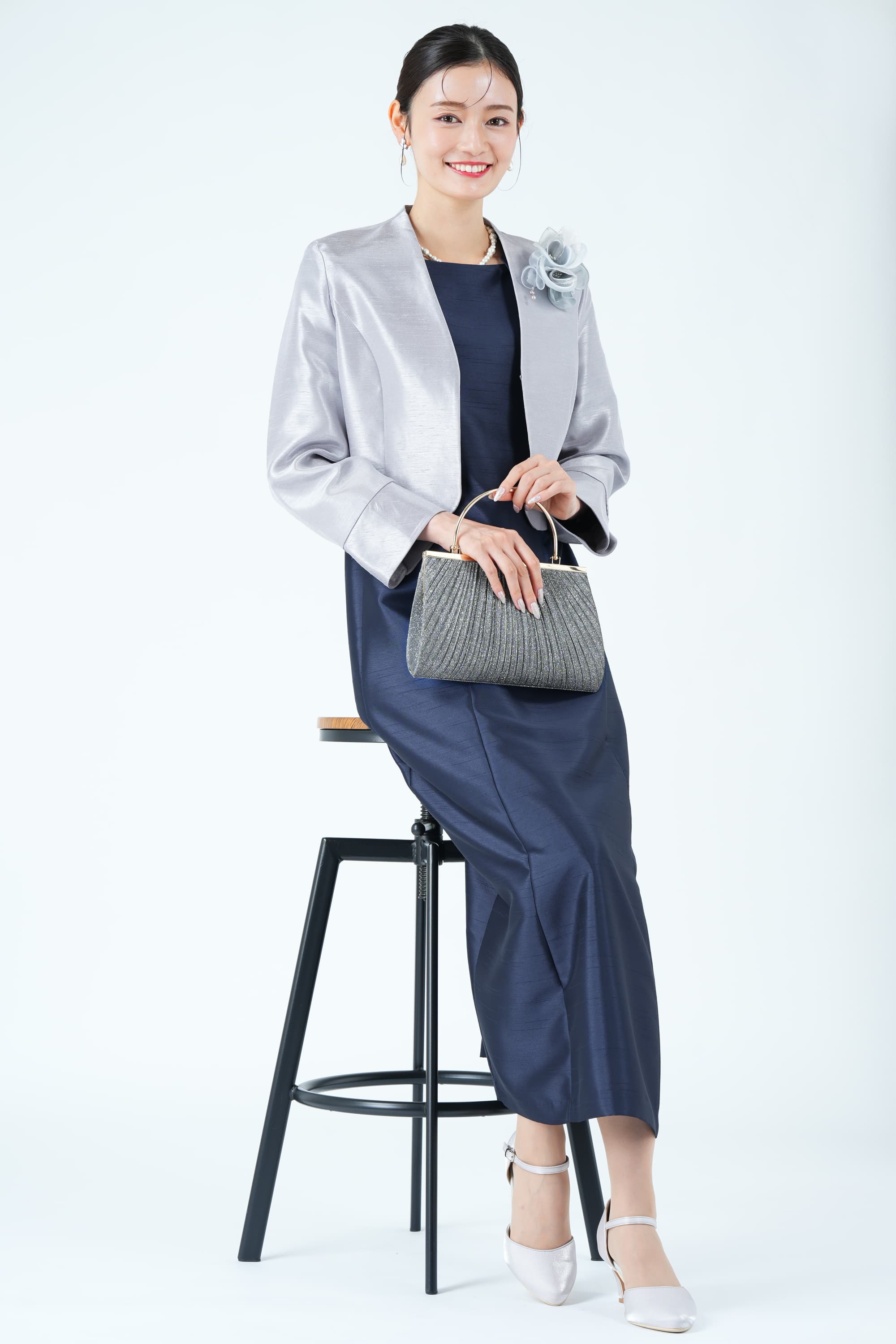 レース袖フォーマルネイビードレス