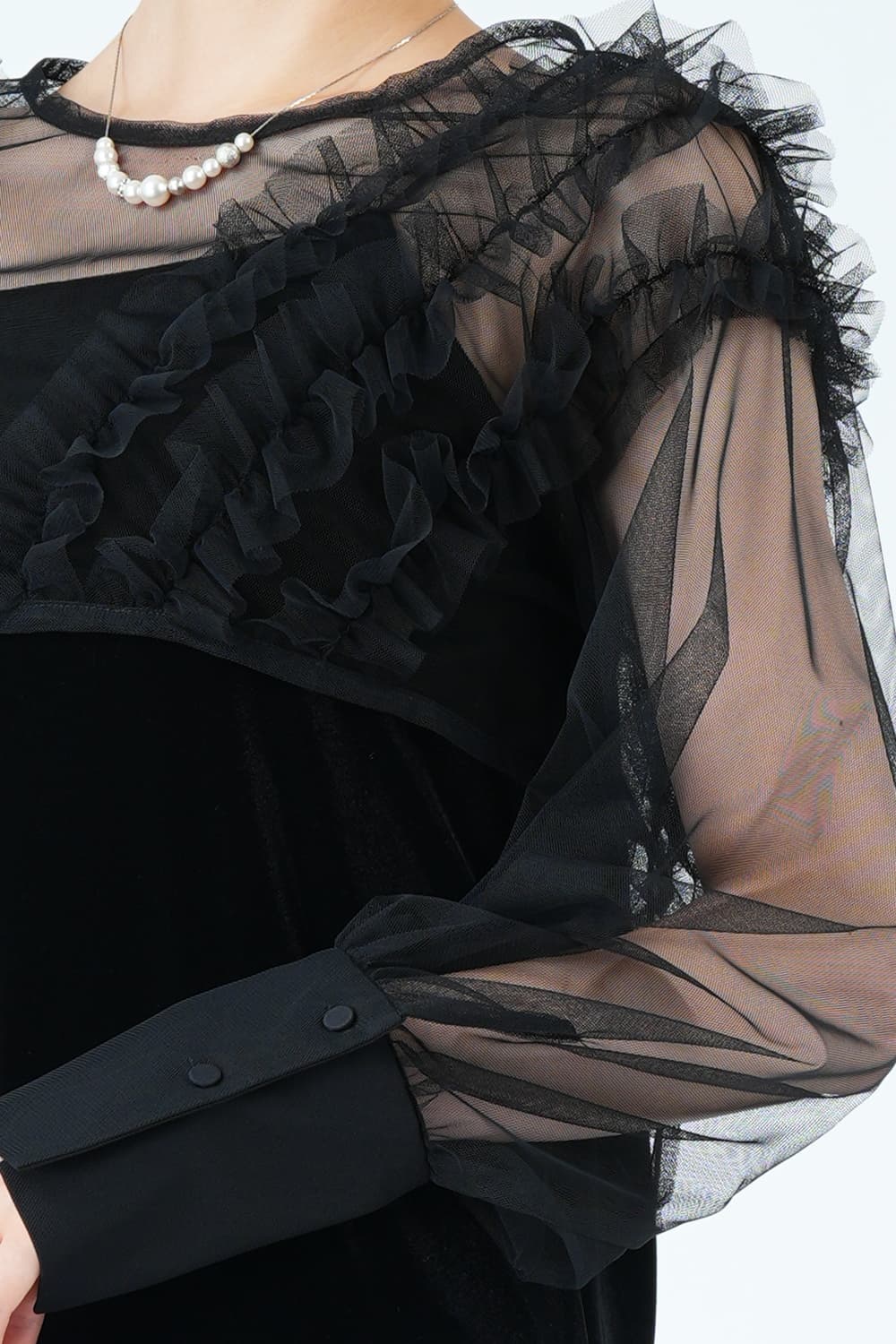 CAPRICIEUX LE'MAGE エアリーチュール×ベロアブラックドレス (M) を