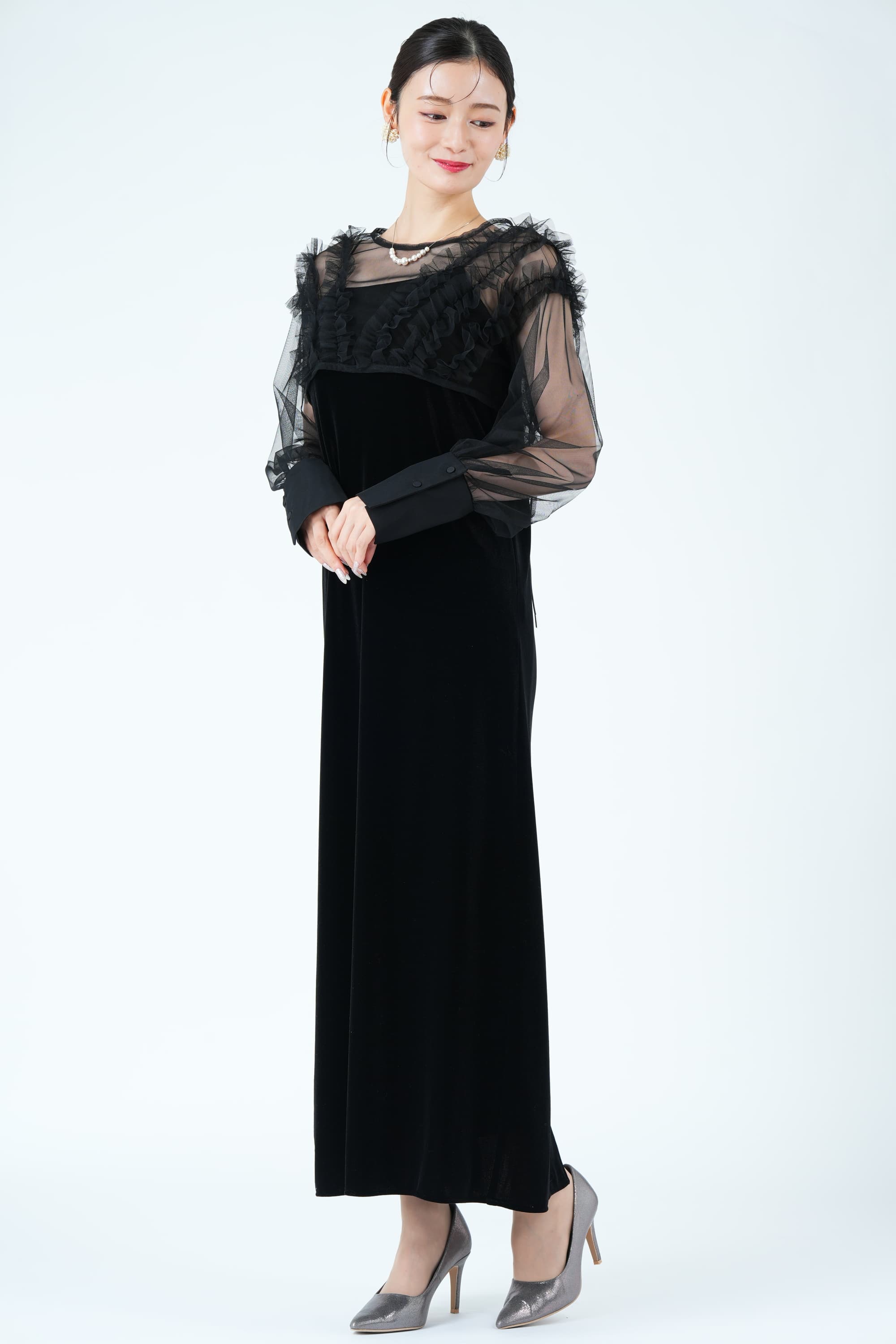 CAPRICIEUX LE'MAGE エアリーチュール×ベロアブラックドレス (S