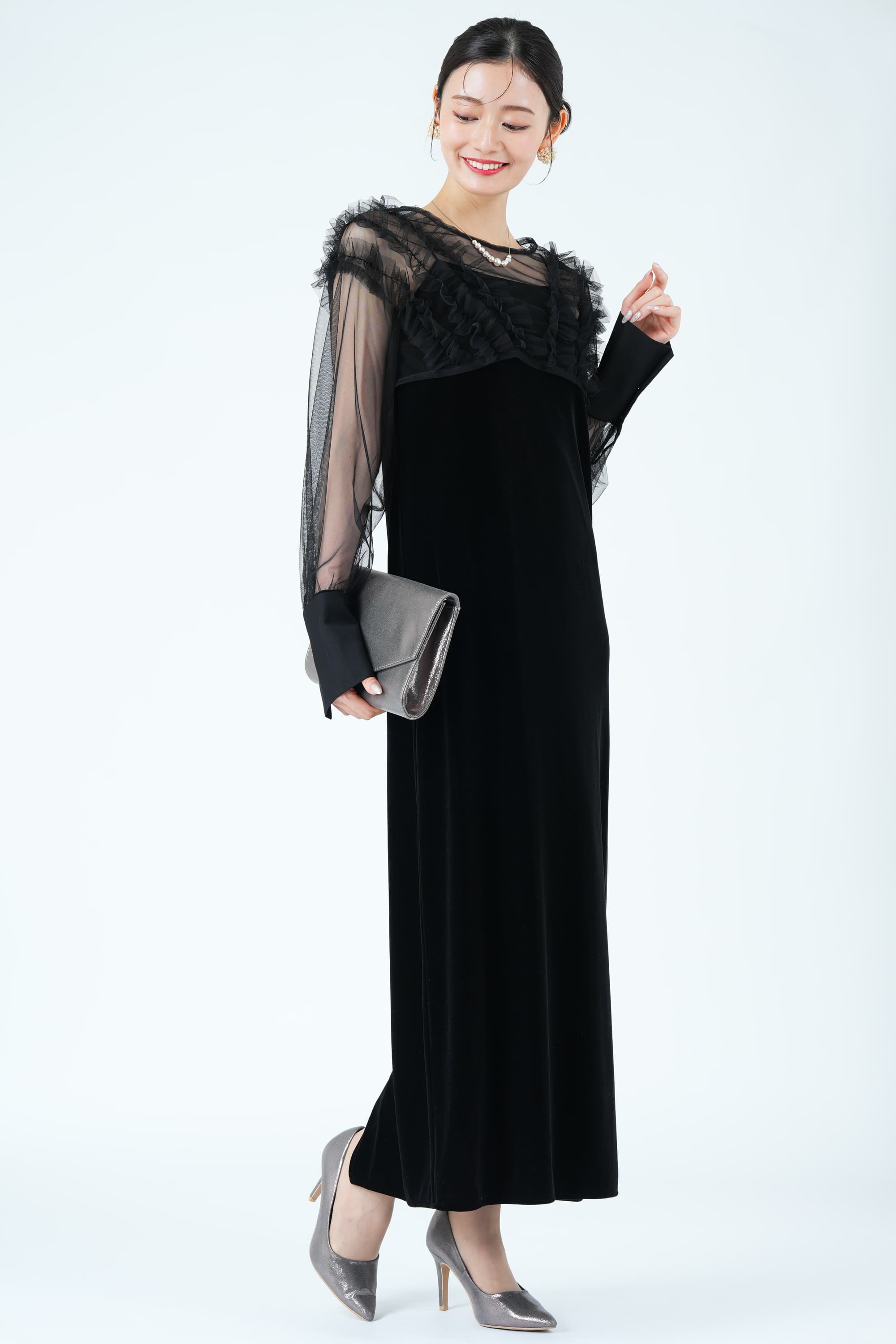 CAPRICIEUX LE'MAGE エアリーチュール×ベロアブラックドレス (M) を