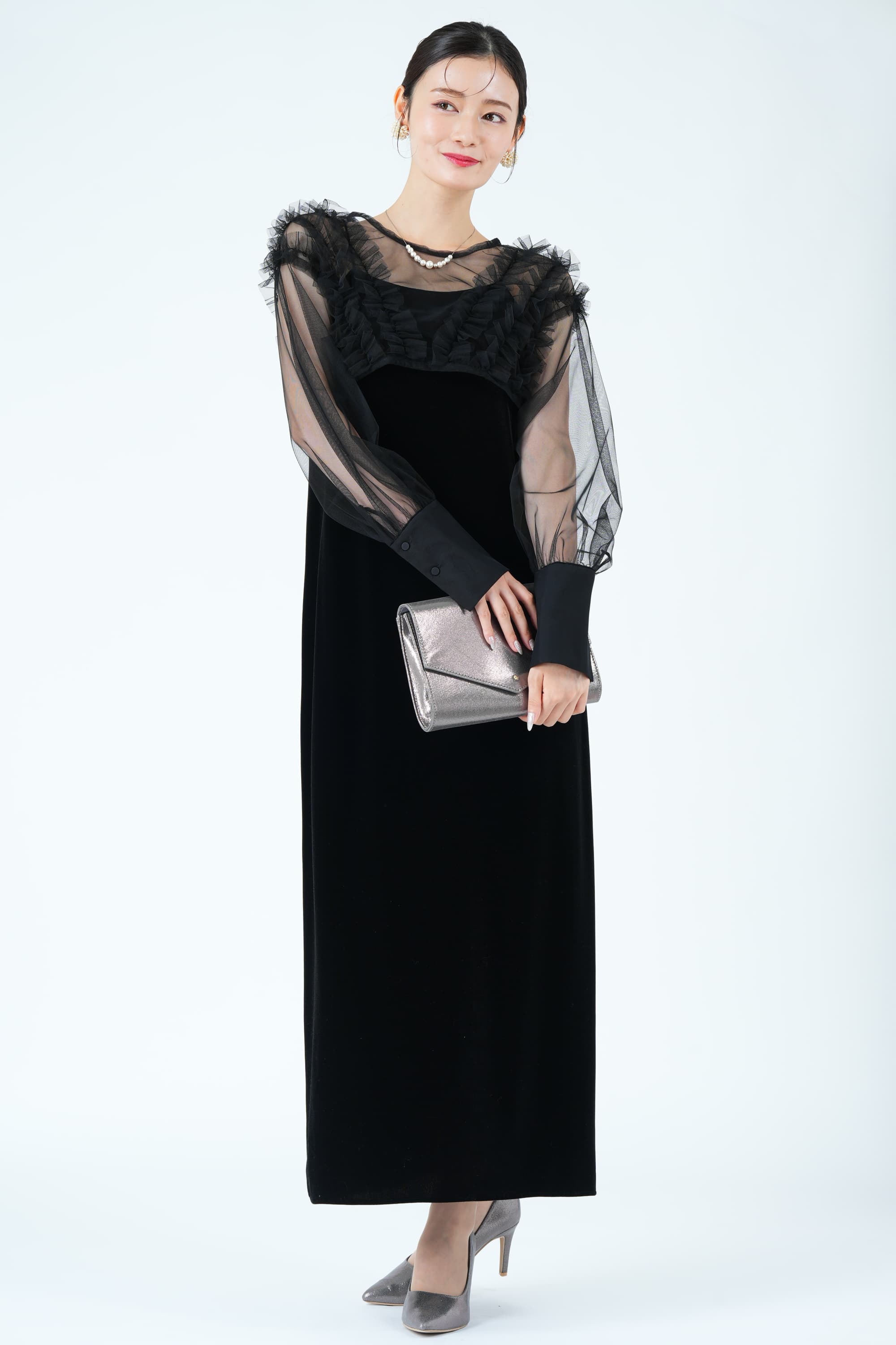 CAPRICIEUX LE'MAGE エアリーチュール×ベロアブラックドレス (M) を