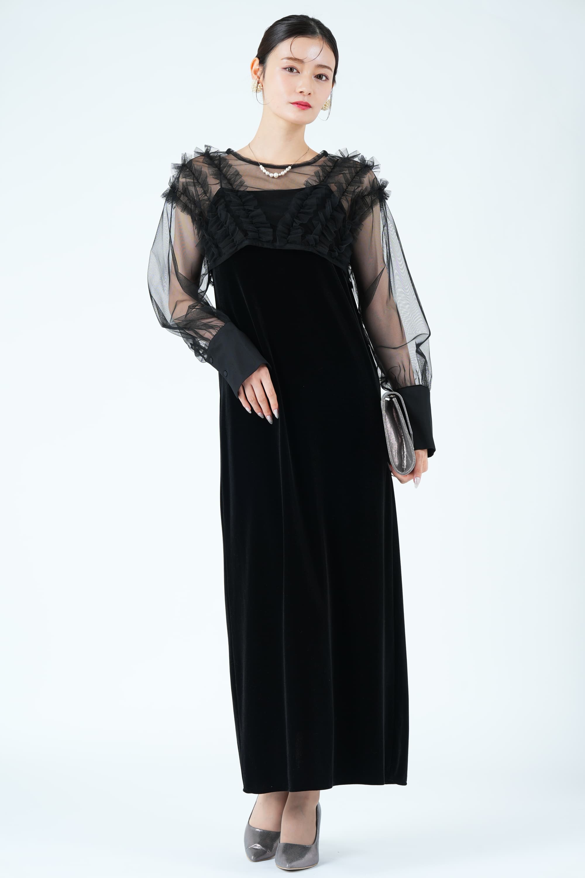 CAPRICIEUX LE'MAGE エアリーチュール×ベロアブラックドレス (M) を