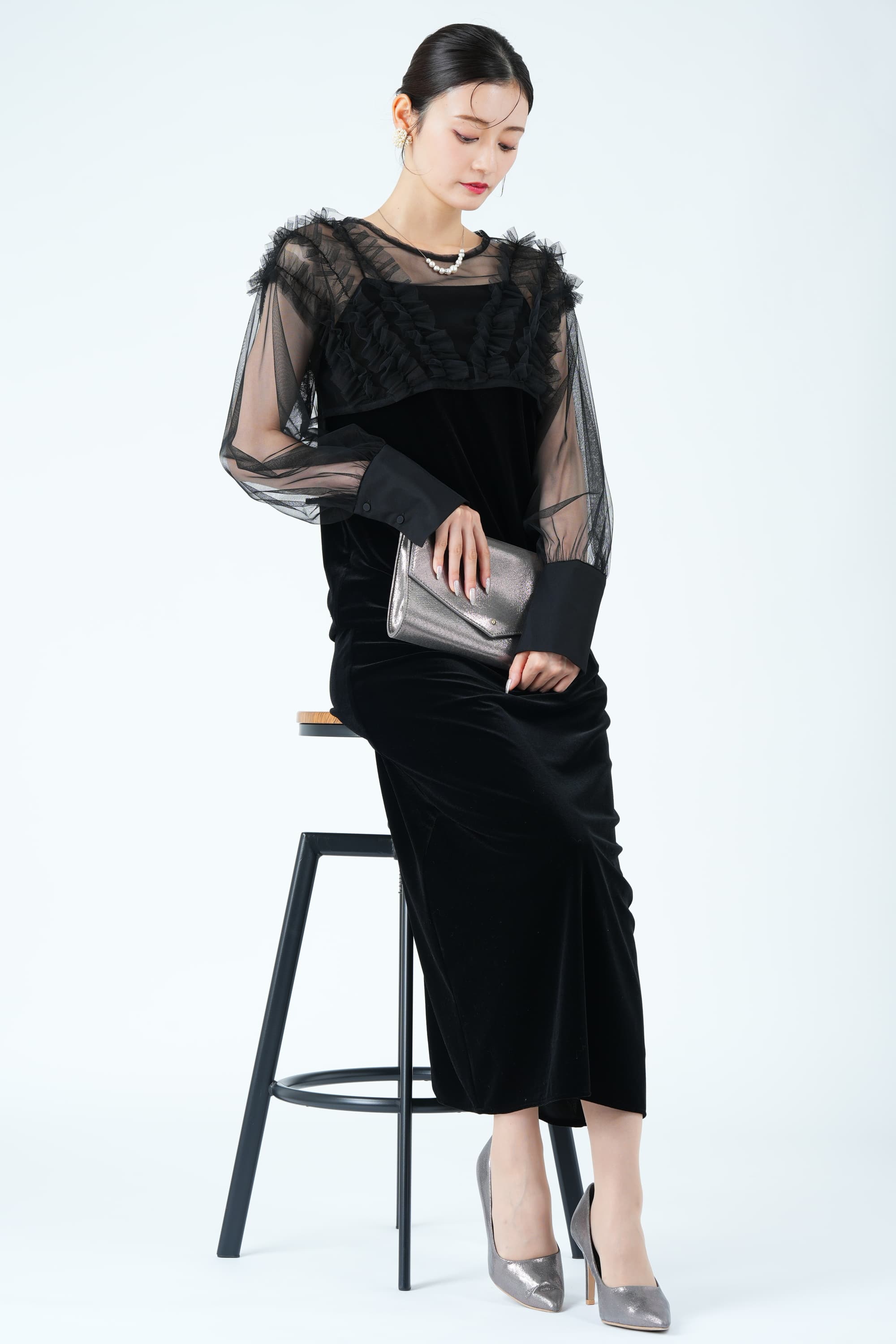 CAPRICIEUX LE'MAGE エアリーチュール×ベロアブラックドレス (M) を