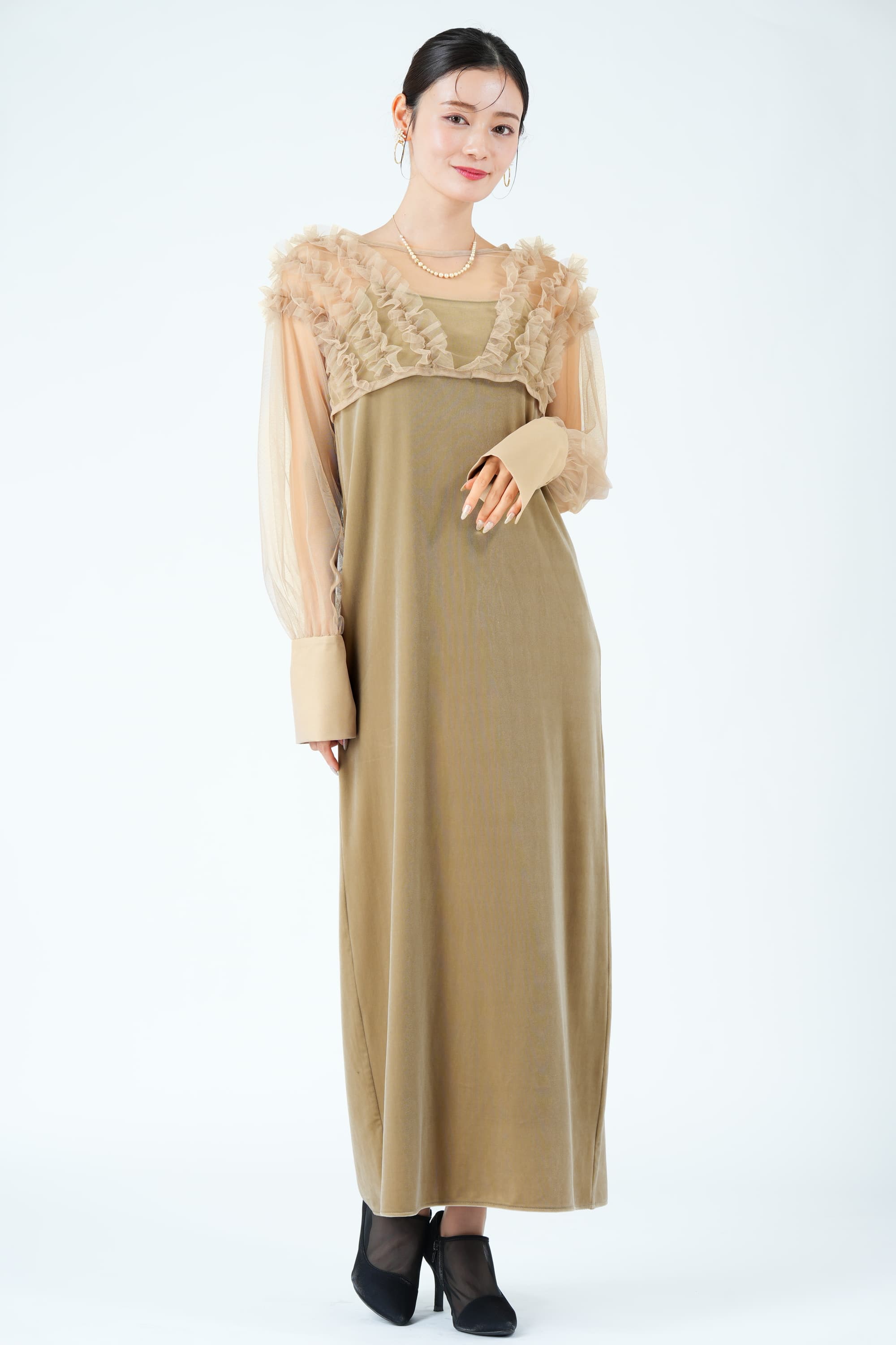 CAPRICIEUX LE'MAGE エアリーチュール×ベロアベージュドレス (M) を