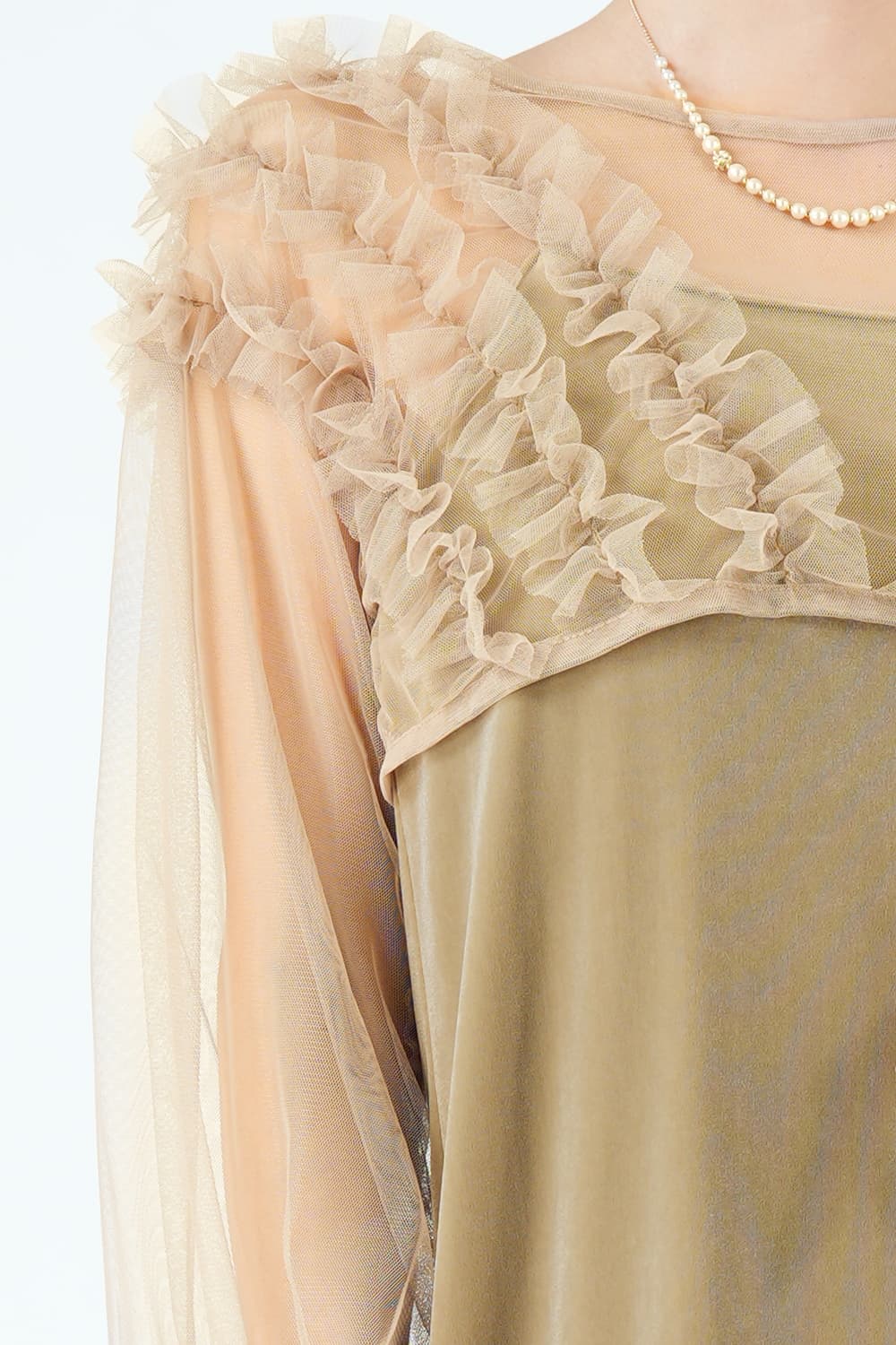 CAPRICIEUX LE'MAGE エアリーチュール×ベロアベージュドレス (M) を