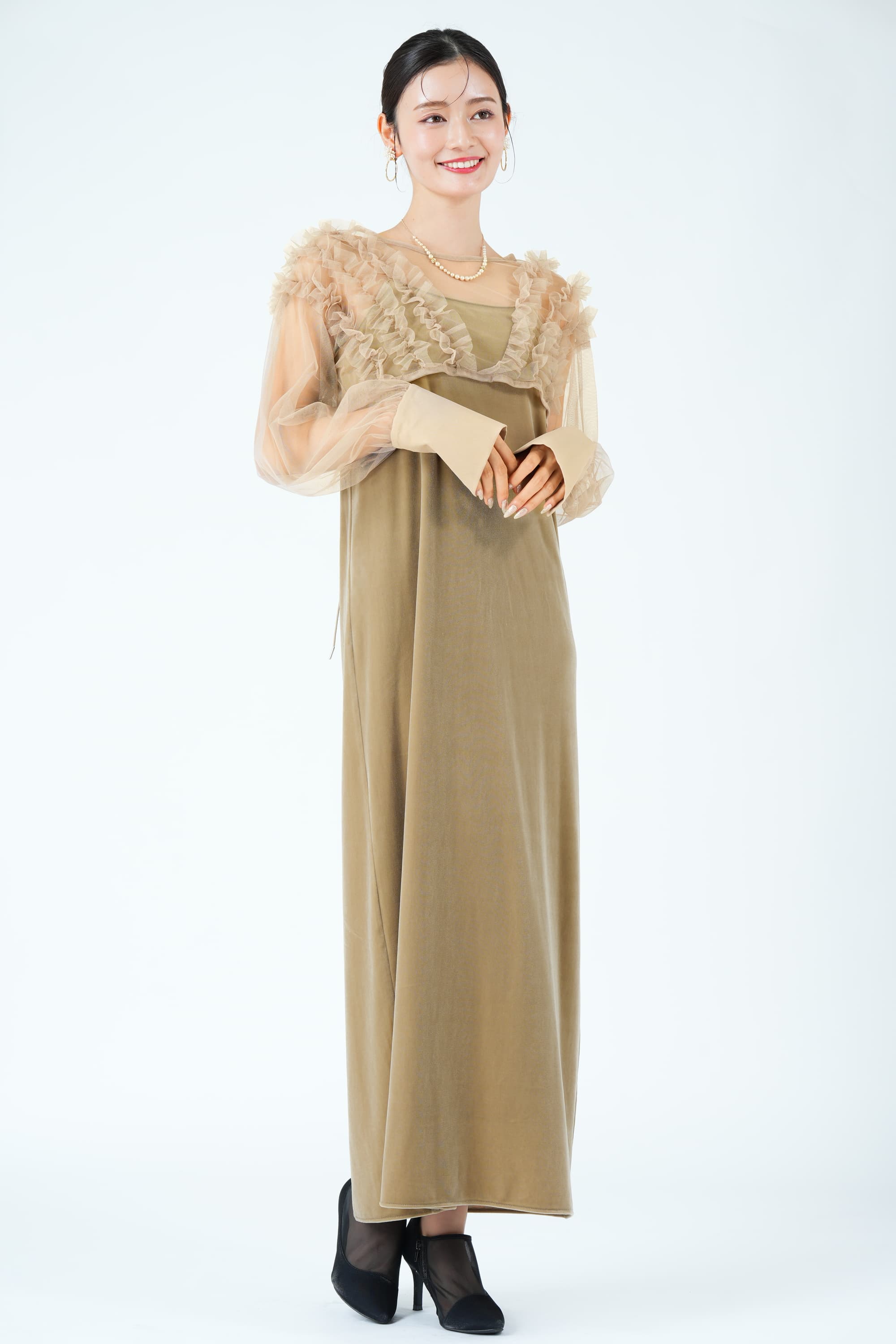 CAPRICIEUX LE'MAGE エアリーチュール×ベロアベージュドレス (M) を